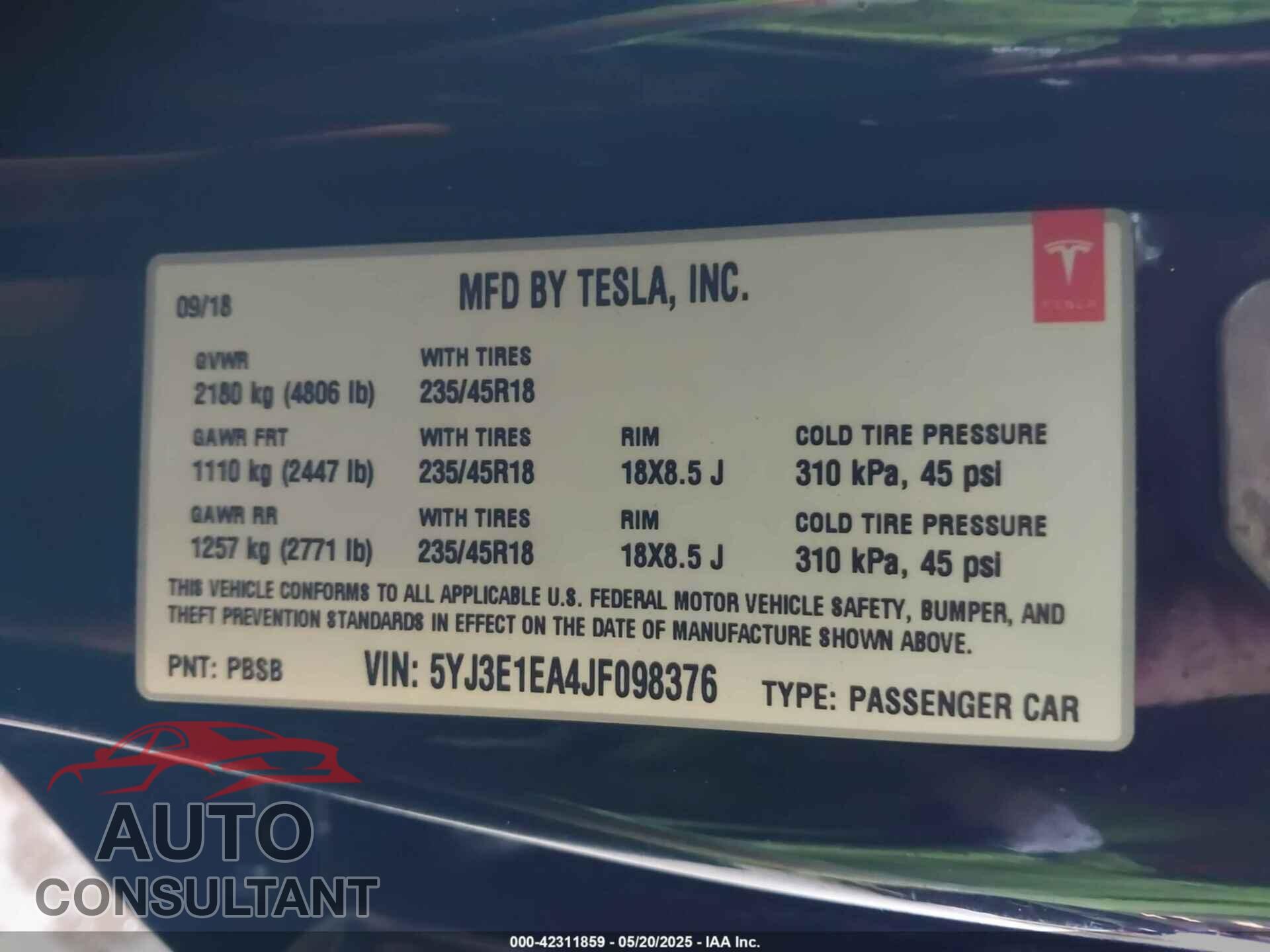 TESLA MODEL 3 2018 - 5YJ3E1EA4JF098376