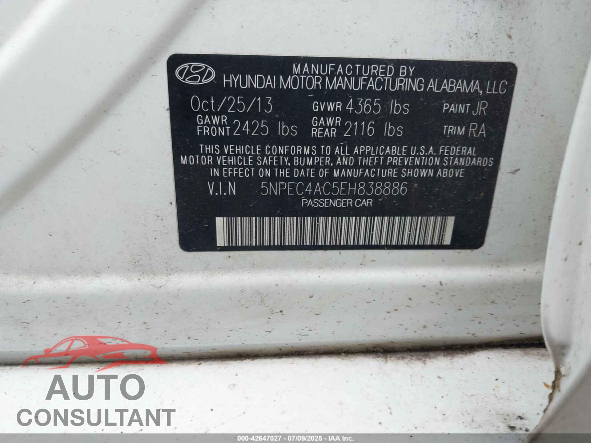 HYUNDAI SONATA 2014 - 5NPEC4AC5EH838886