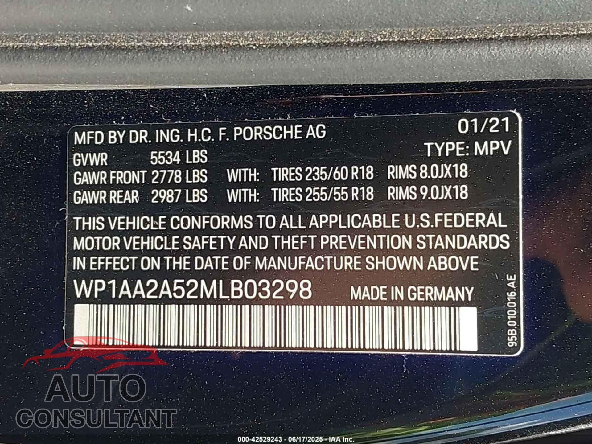 PORSCHE MACAN 2021 - WP1AA2A52MLB03298