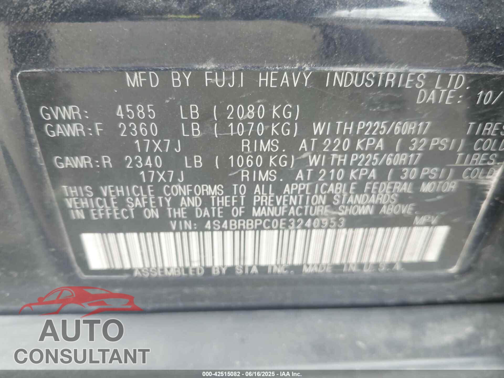 SUBARU OUTBACK 2014 - 4S4BRBPC0E3240953