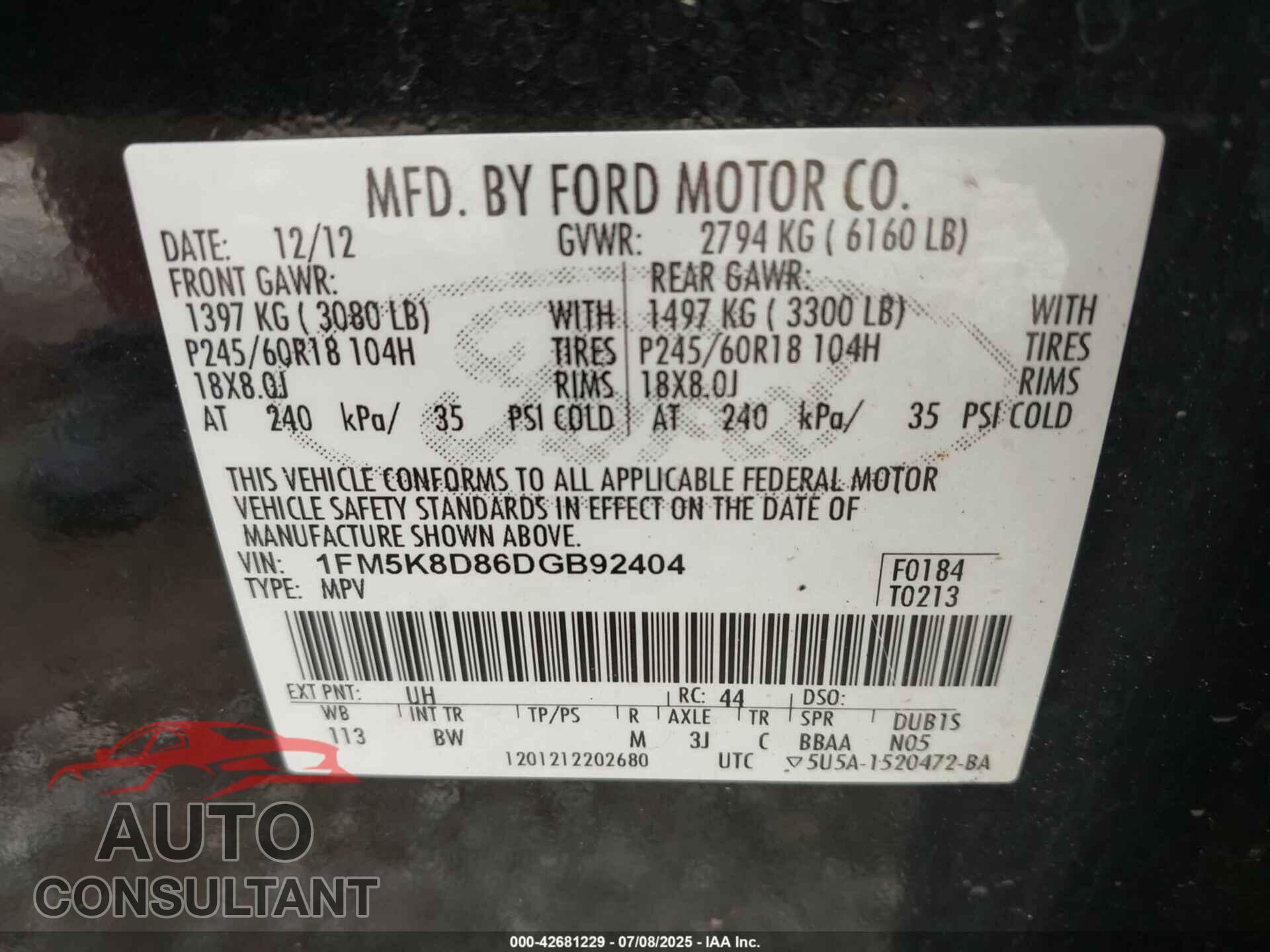 FORD EXPLORER 2013 - 1FM5K8D86DGB92404