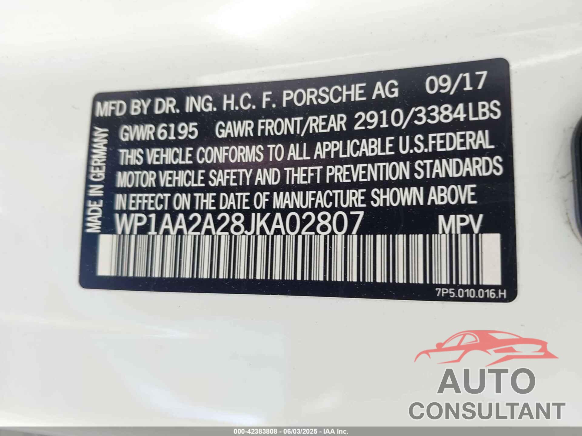 PORSCHE CAYENNE 2018 - WP1AA2A28JKA02807