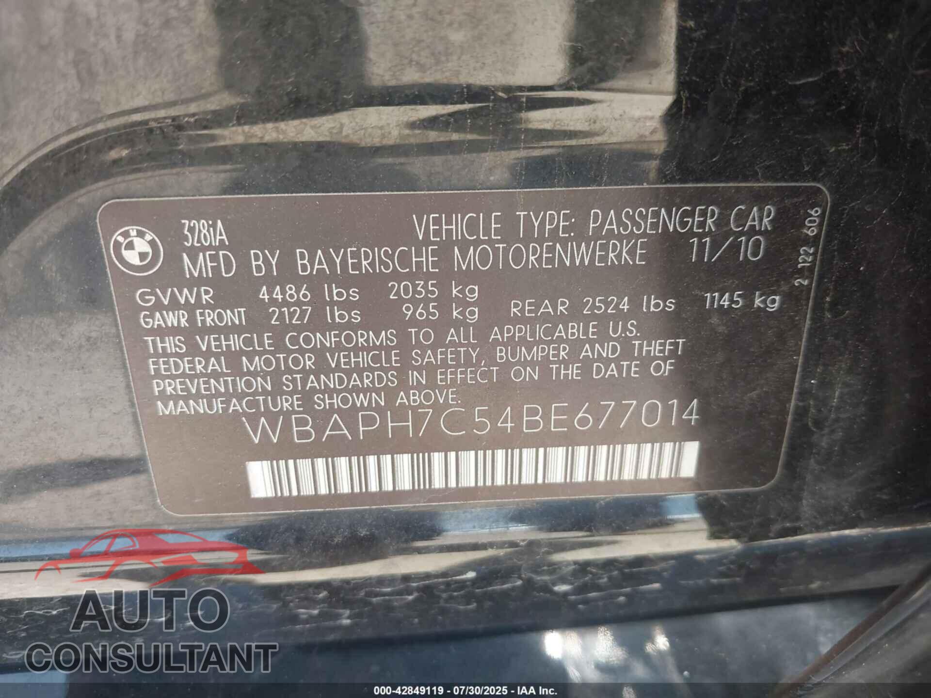 BMW 328I 2011 - WBAPH7C54BE677014