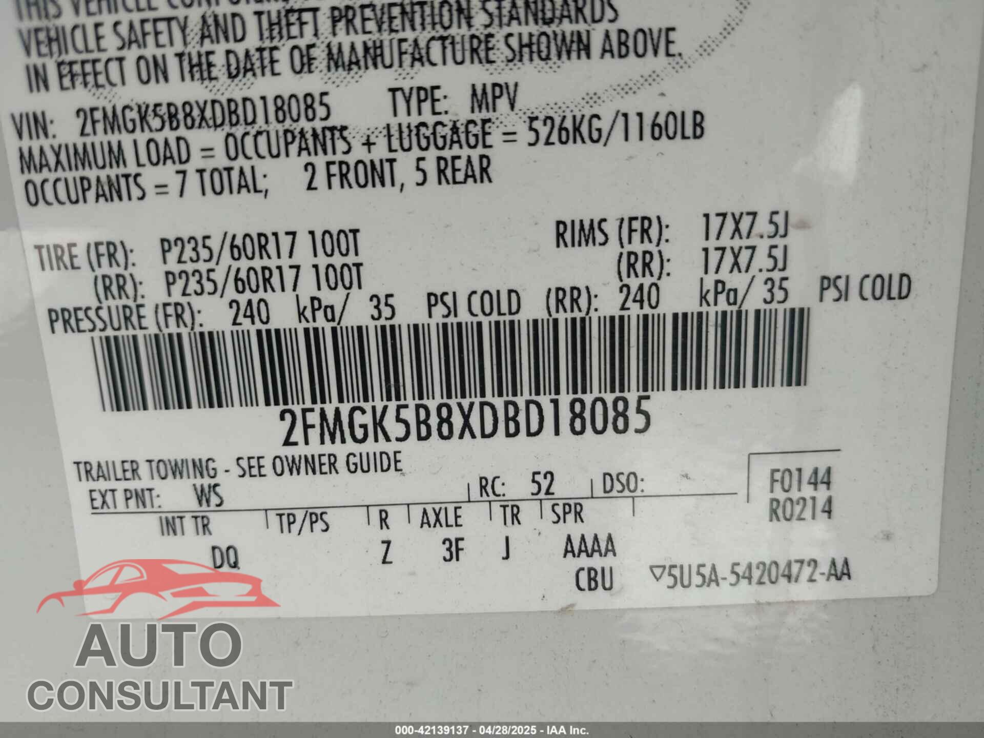 FORD FLEX 2013 - 2FMGK5B8XDBD18085