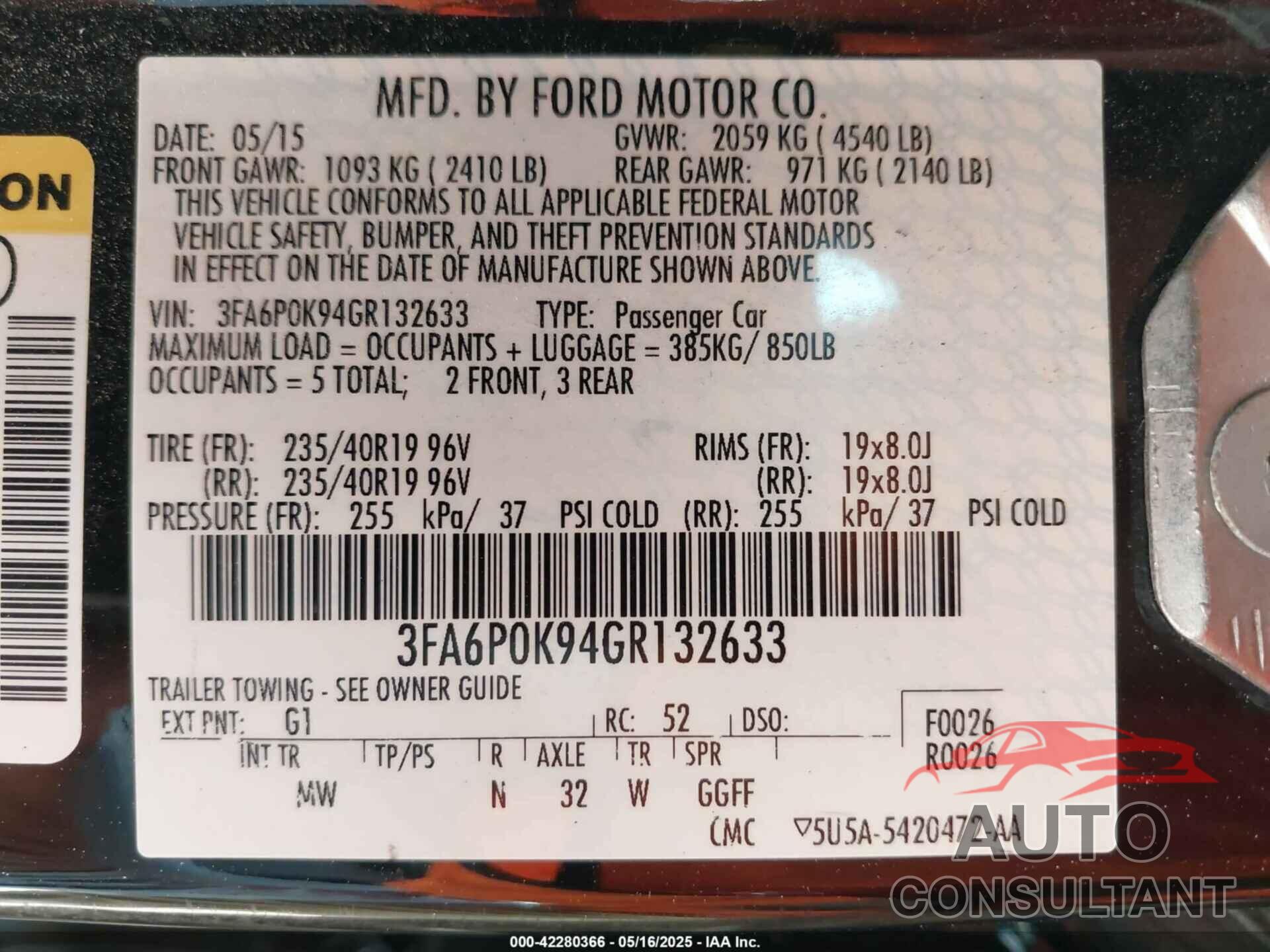FORD FUSION 2016 - 3FA6P0K94GR132633