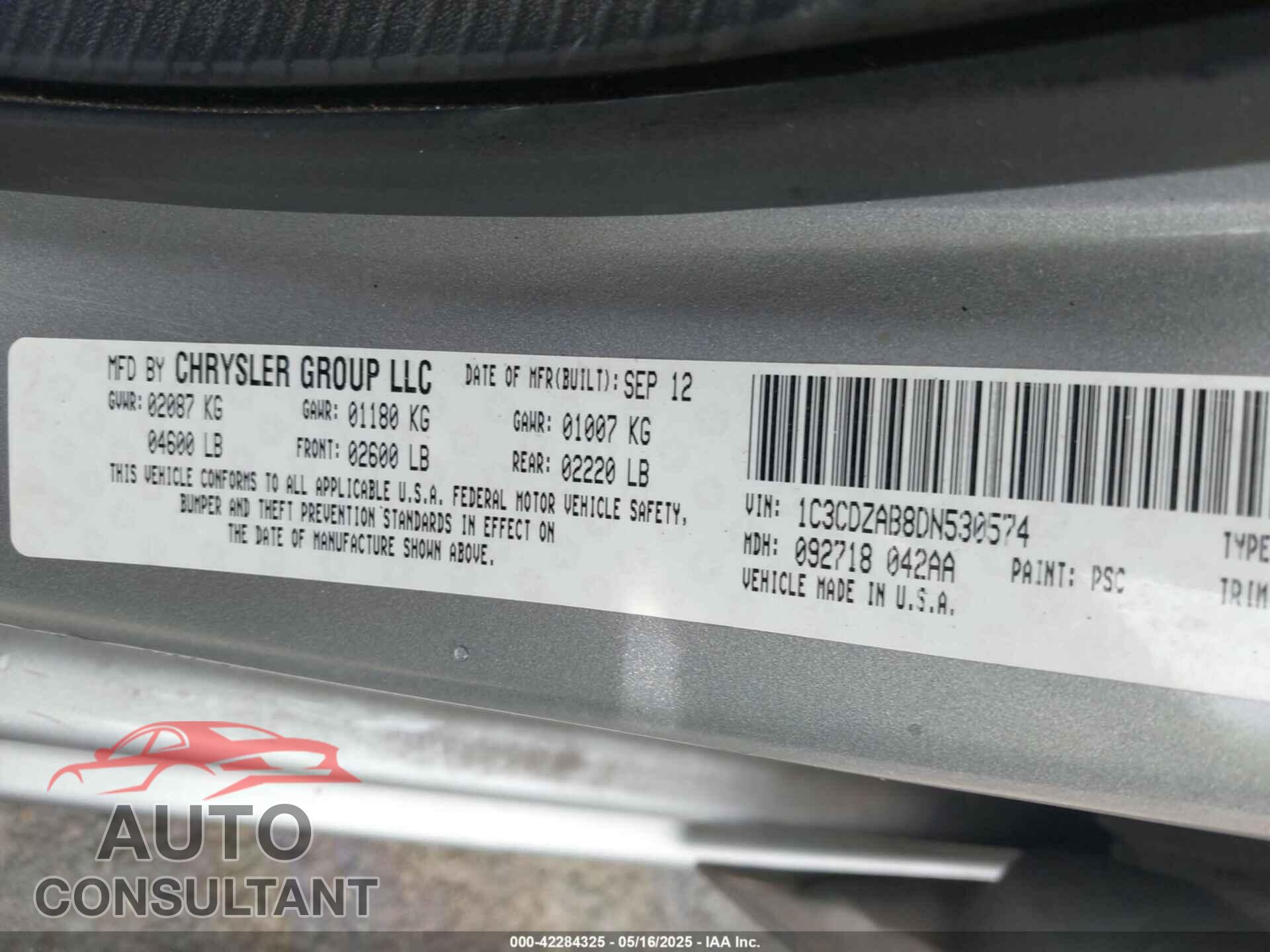 DODGE AVENGER 2013 - 1C3CDZAB8DN530574