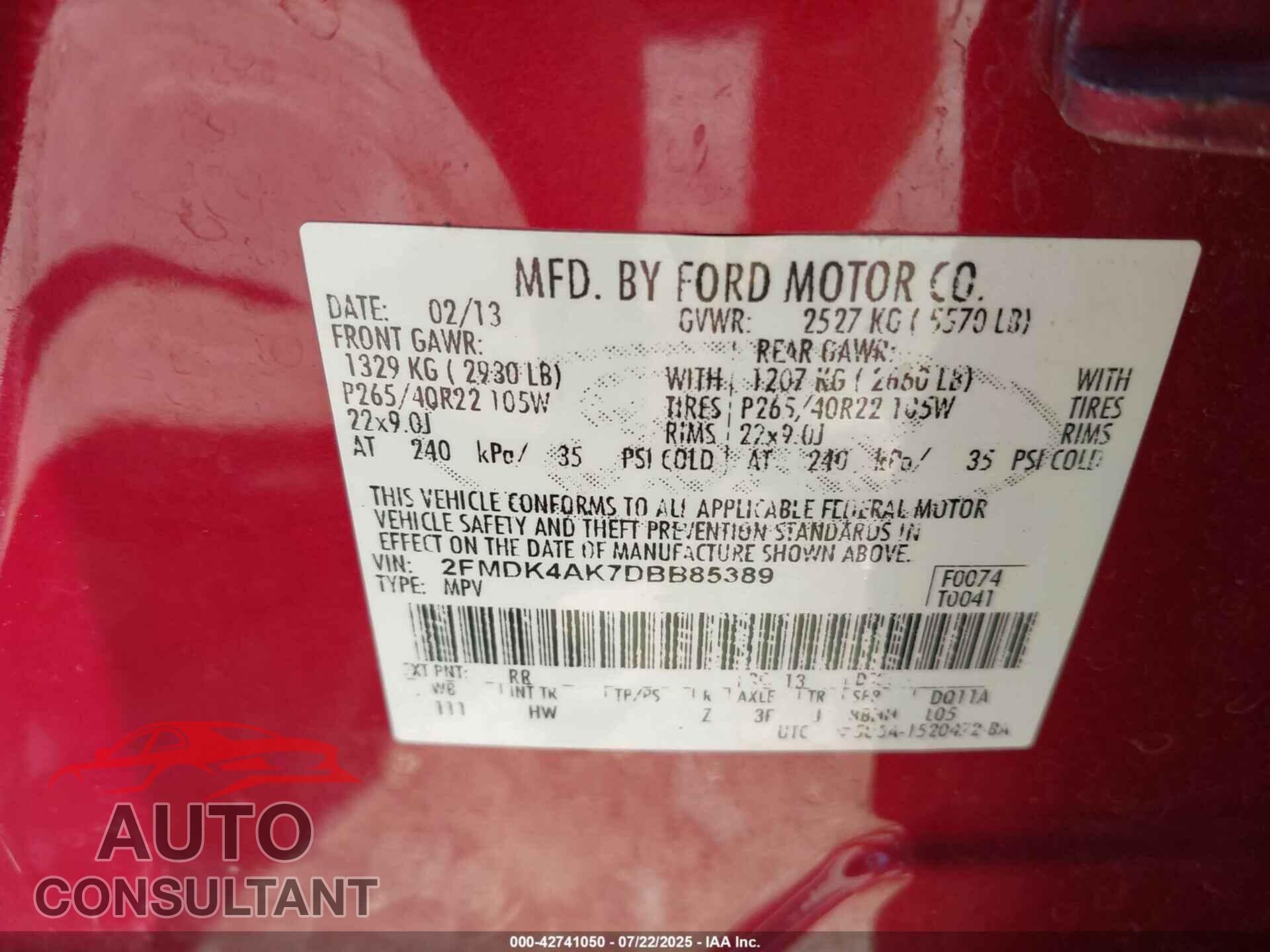 FORD EDGE 2013 - 2FMDK4AK7DBB85389
