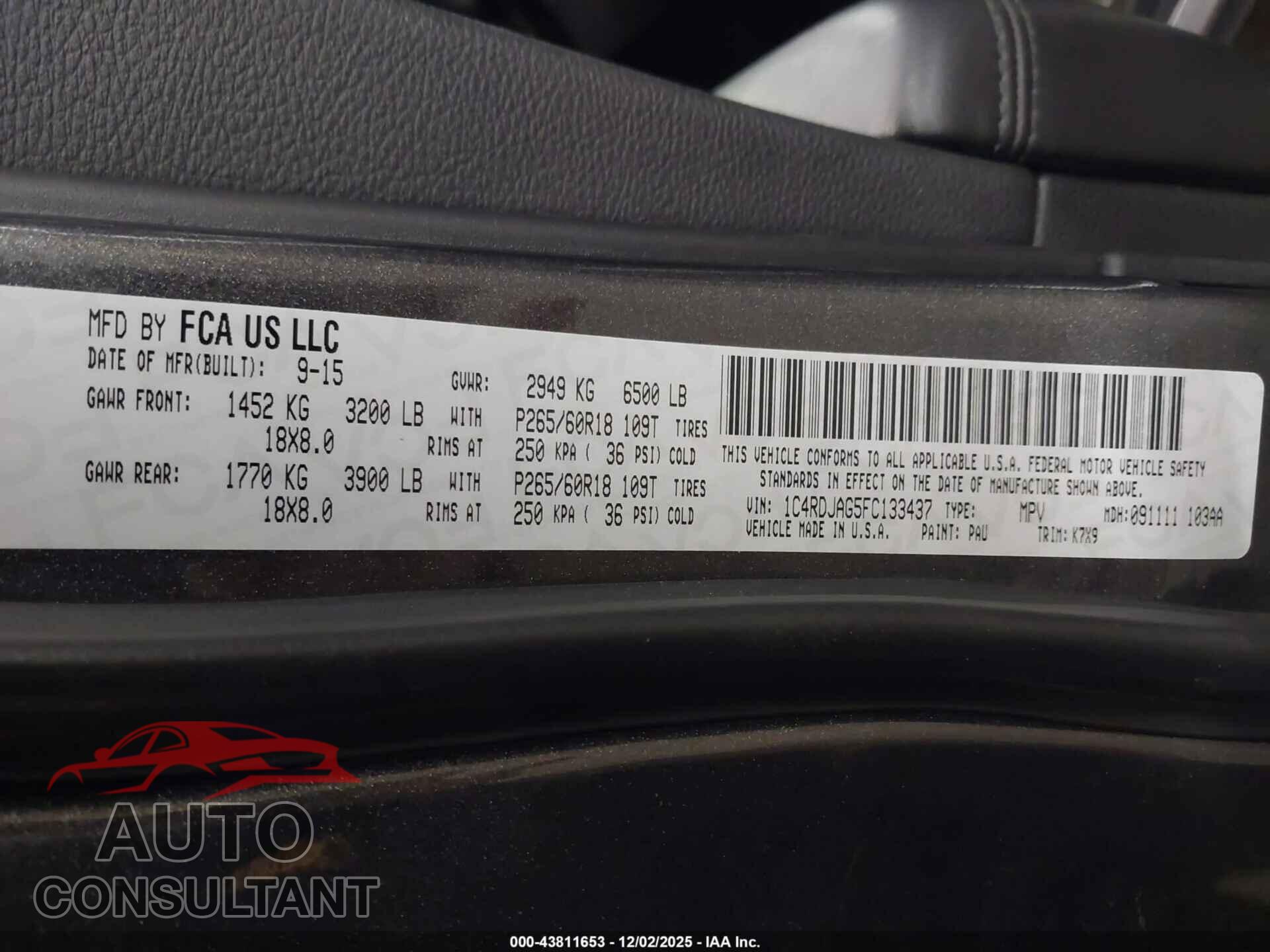 DODGE DURANGO 2015 - 1C4RDJAG5FC133437