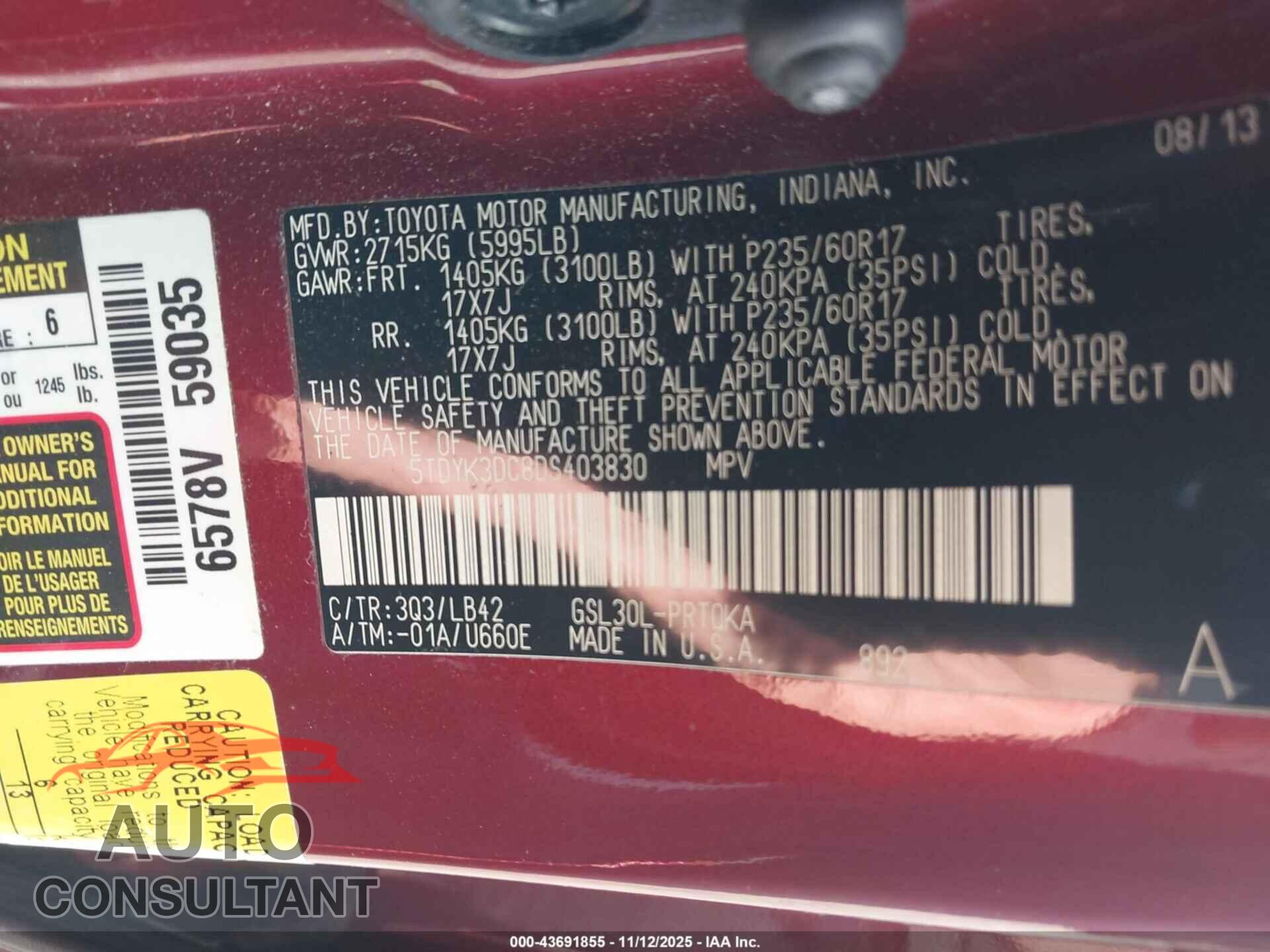 TOYOTA SIENNA 2013 - 5TDYK3DC8DS403830