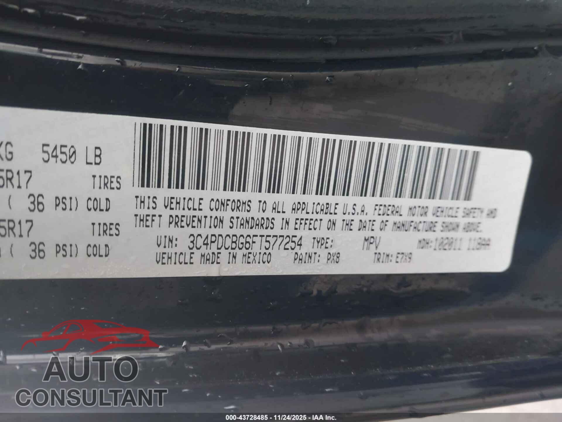 DODGE JOURNEY 2015 - 3C4PDCBG6FT577254