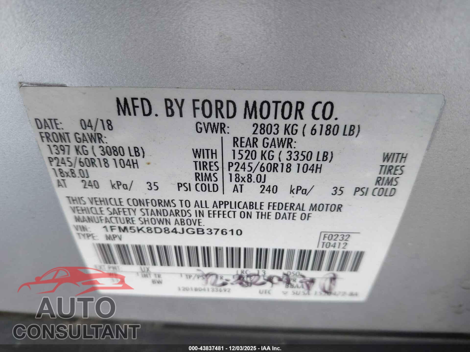 FORD EXPLORER 2018 - 1FM5K8D84JGB37610
