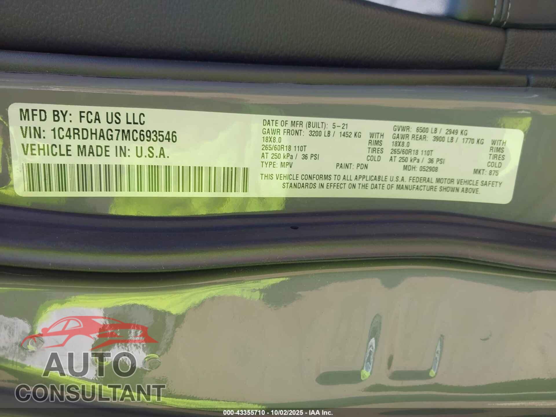 DODGE DURANGO 2021 - 1C4RDHAG7MC693546