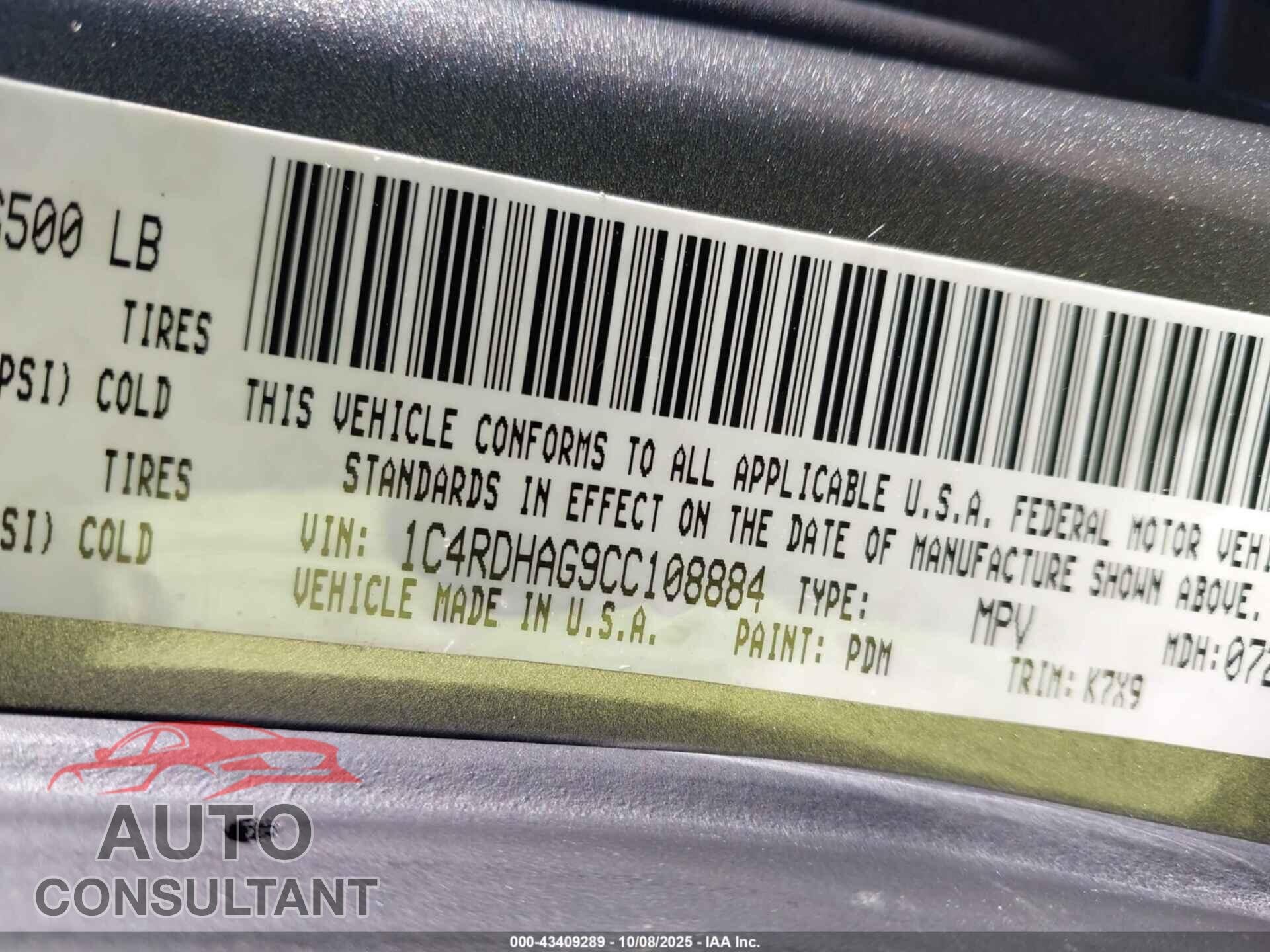 DODGE DURANGO 2012 - 1C4RDHAG9CC108884