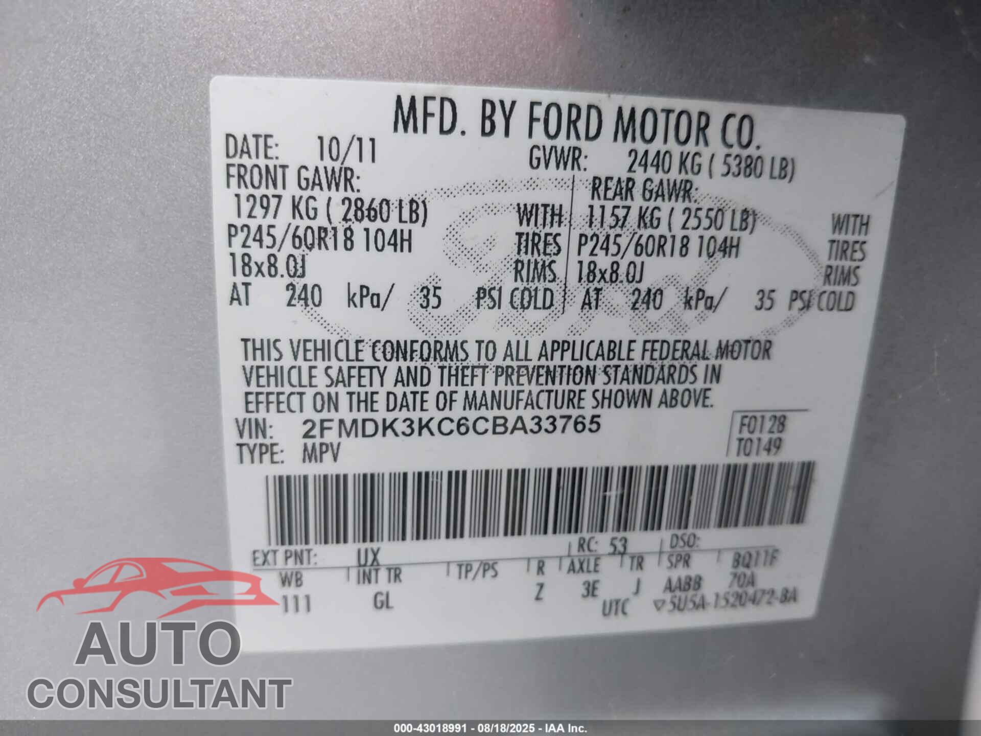 FORD EDGE 2012 - 2FMDK3KC6CBA33765