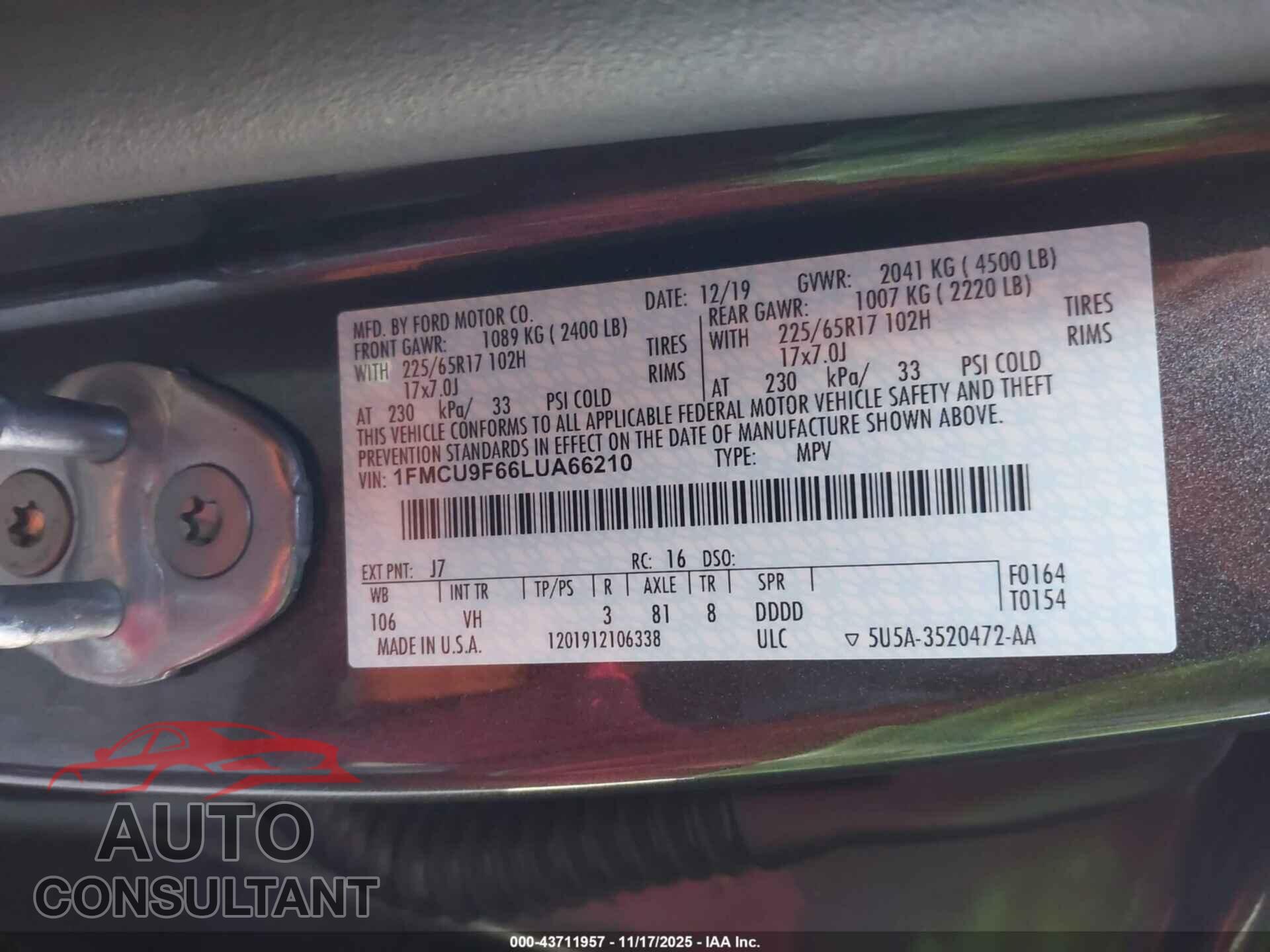 FORD ESCAPE 2020 - 1FMCU9F66LUA66210