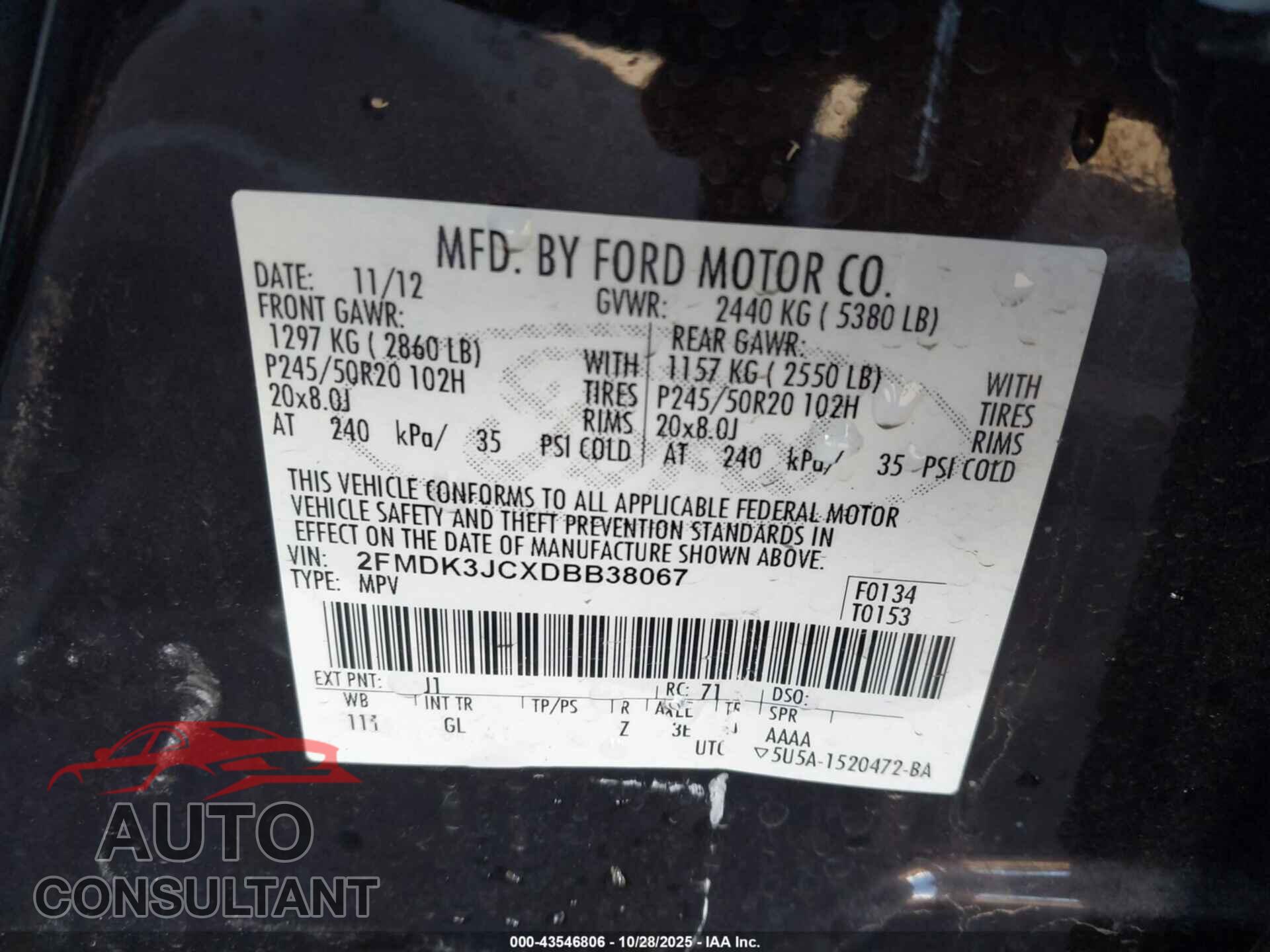 FORD EDGE 2013 - 2FMDK3JCXDBB38067