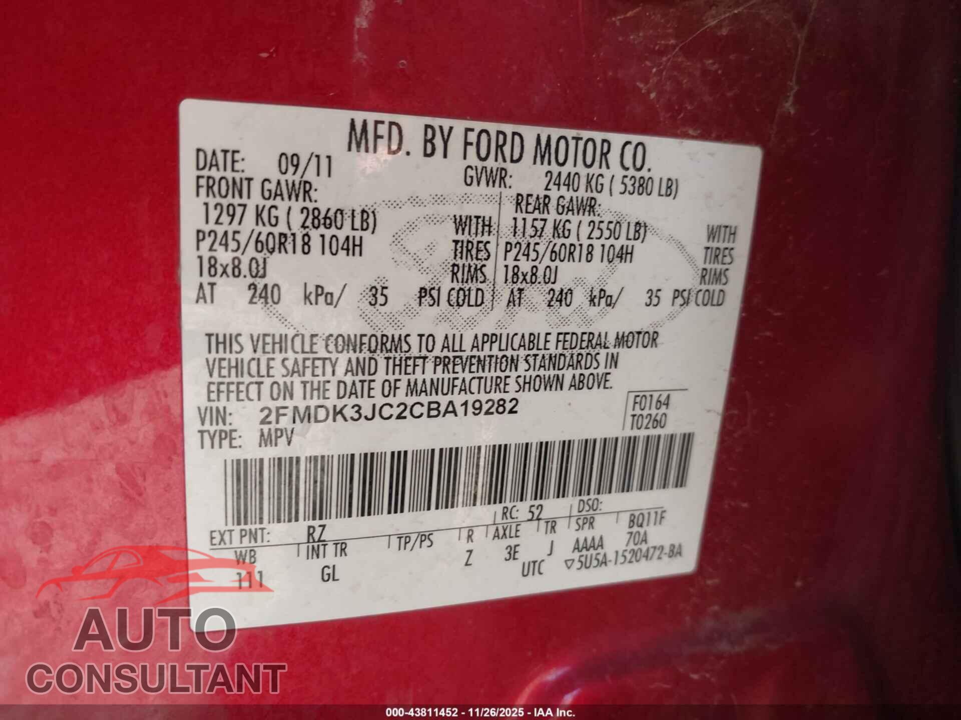 FORD EDGE 2012 - 2FMDK3JC2CBA19282