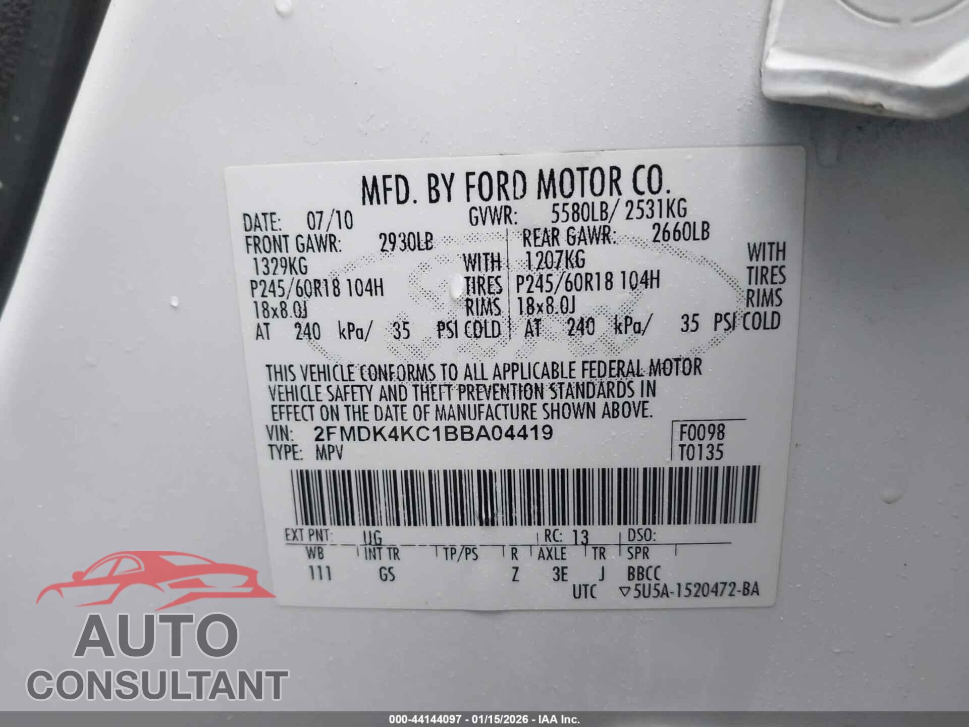 FORD EDGE 2011 - 2FMDK4KC1BBA04419