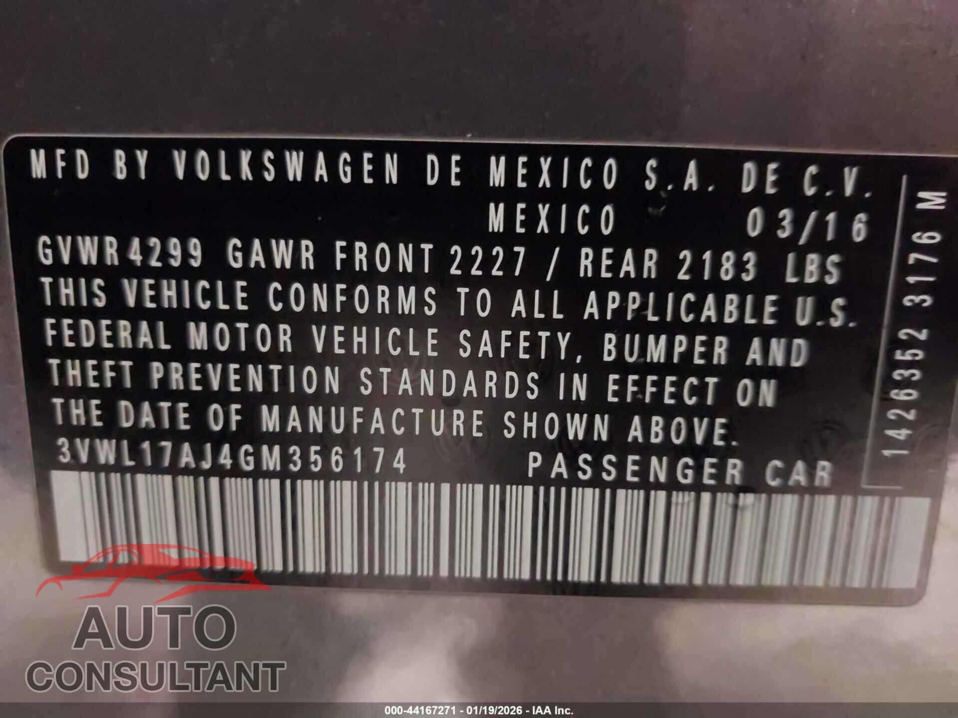 VOLKSWAGEN JETTA 2016 - 3VWL17AJ4GM356174