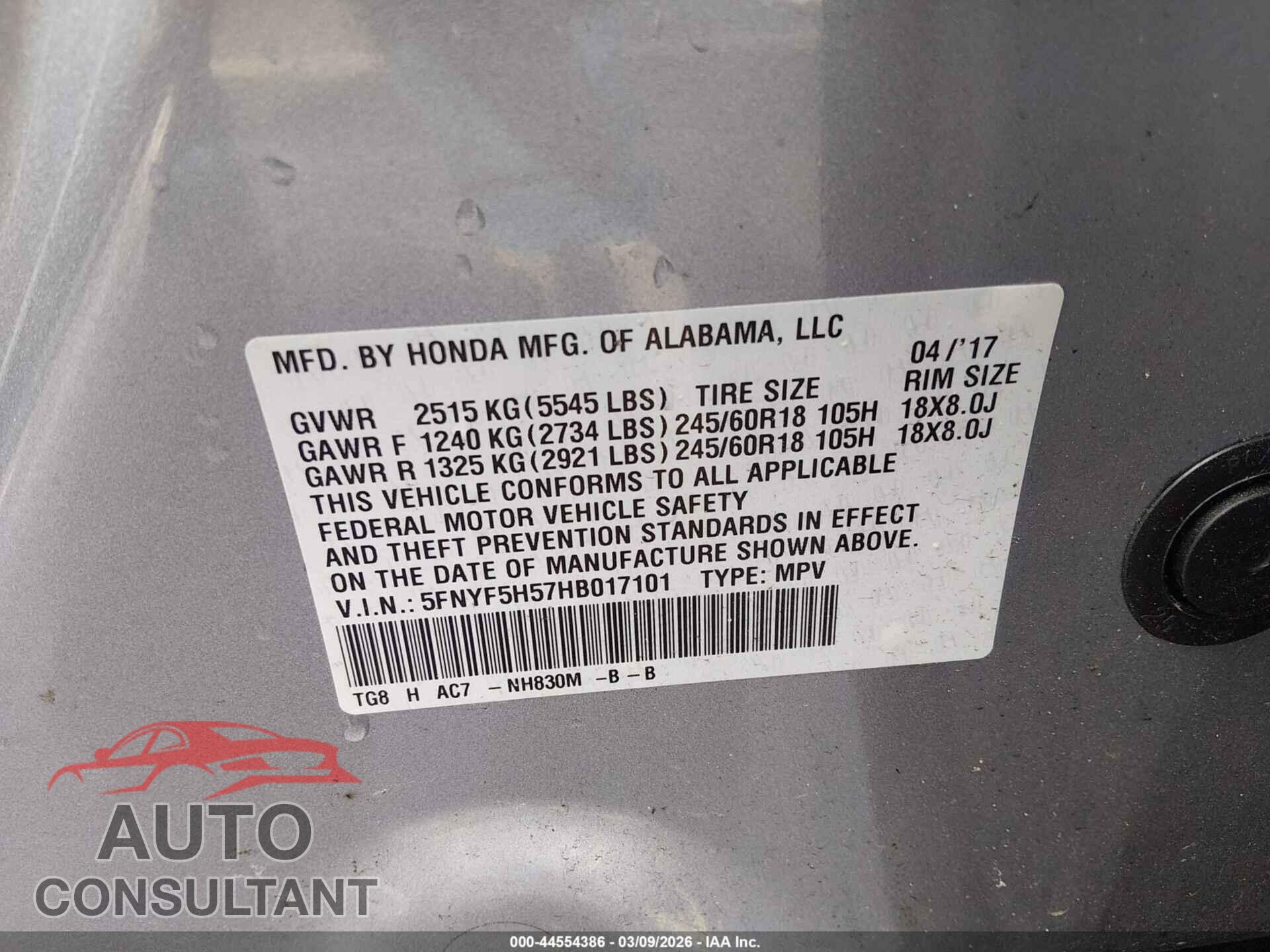 HONDA PILOT 2017 - 5FNYF5H57HB017101