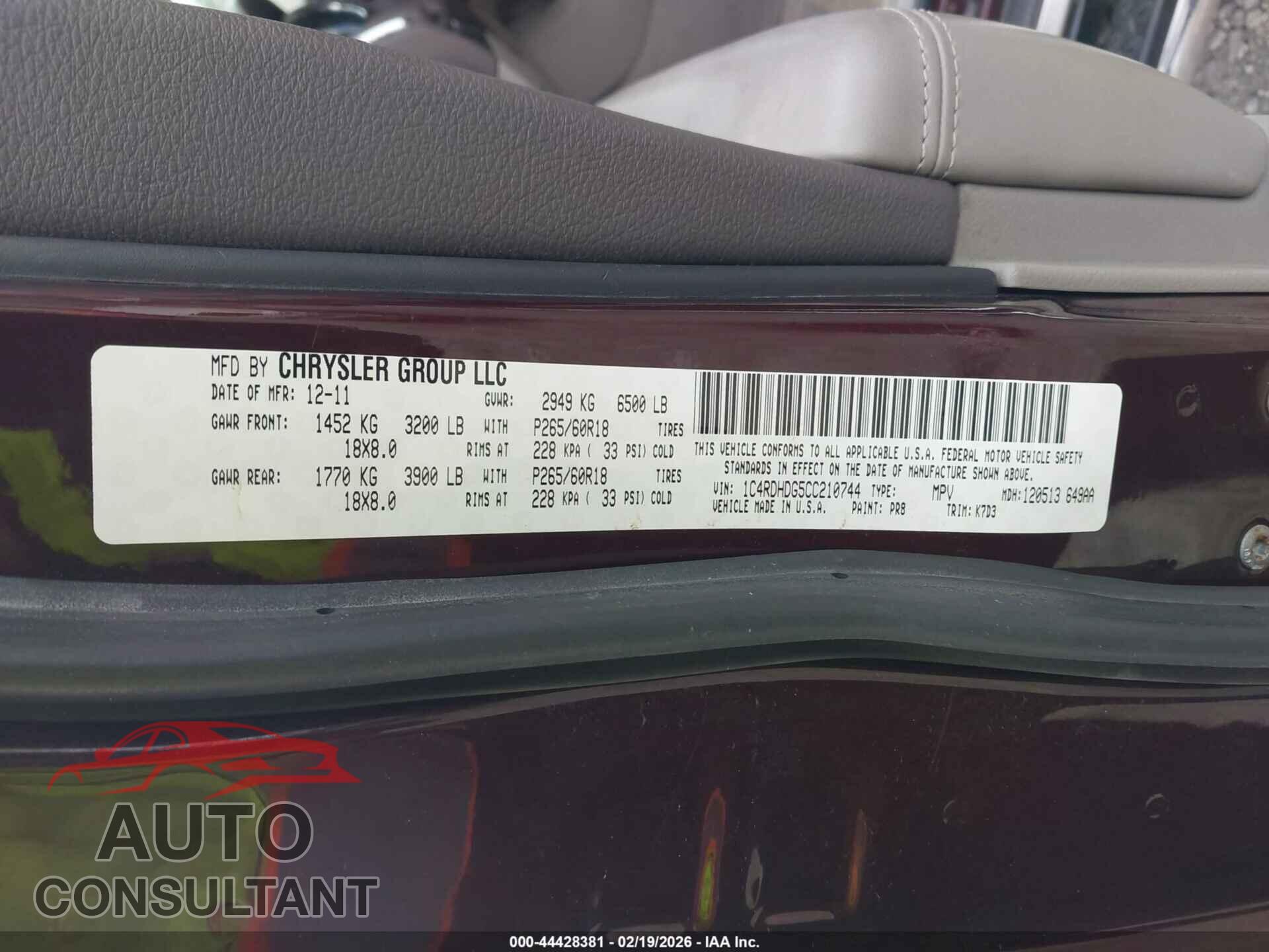 DODGE DURANGO 2012 - 1C4RDHDG5CC210744