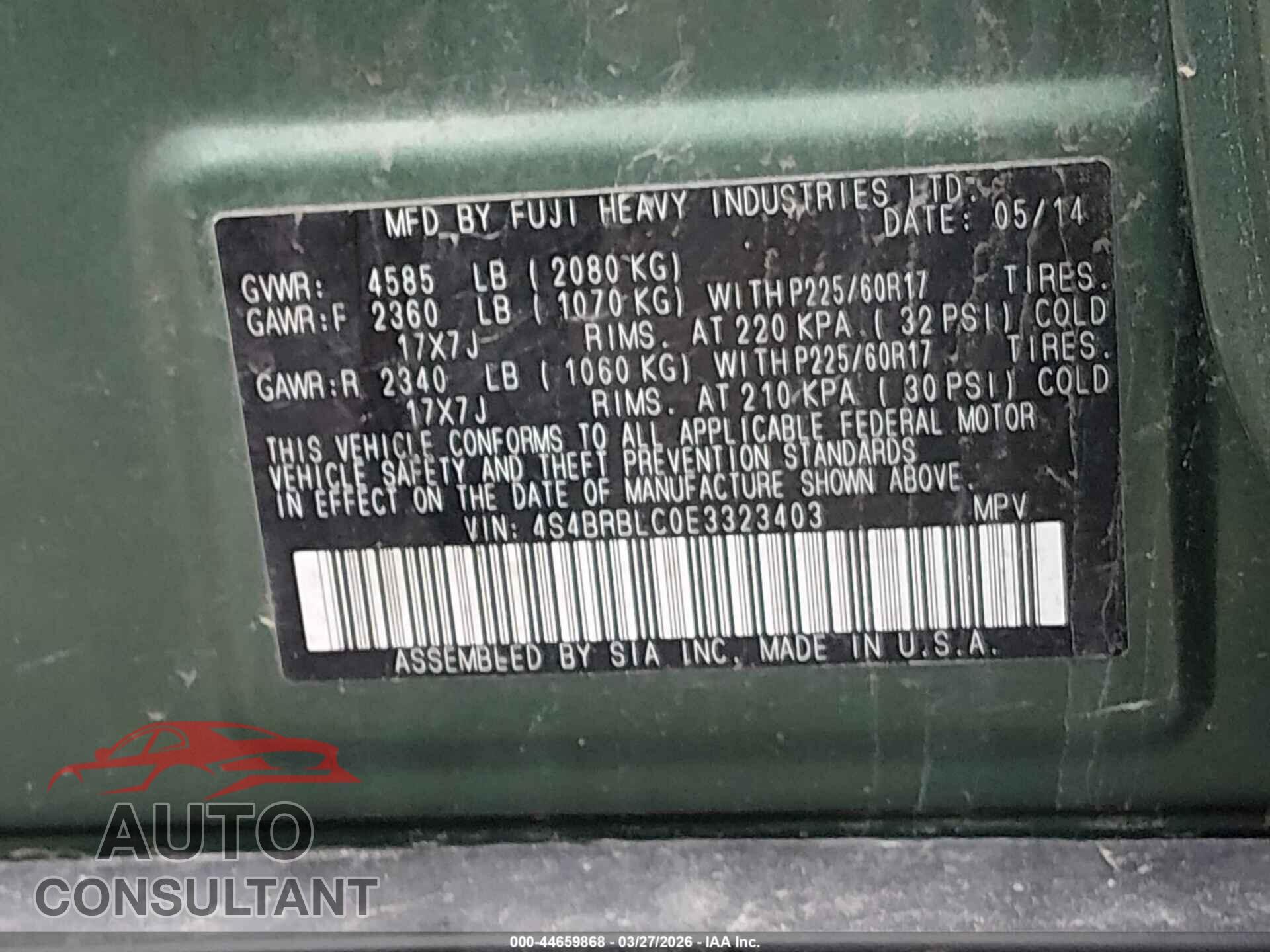 SUBARU OUTBACK 2014 - 4S4BRBLC0E3323403