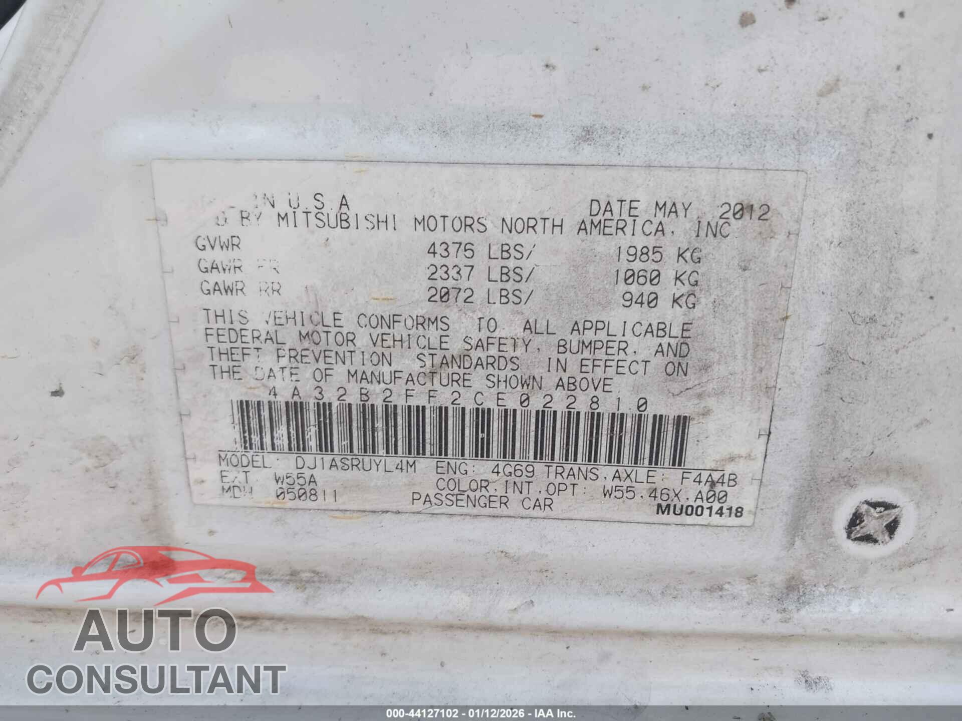 MITSUBISHI GALANT 2012 - 4A32B2FF2CE022810