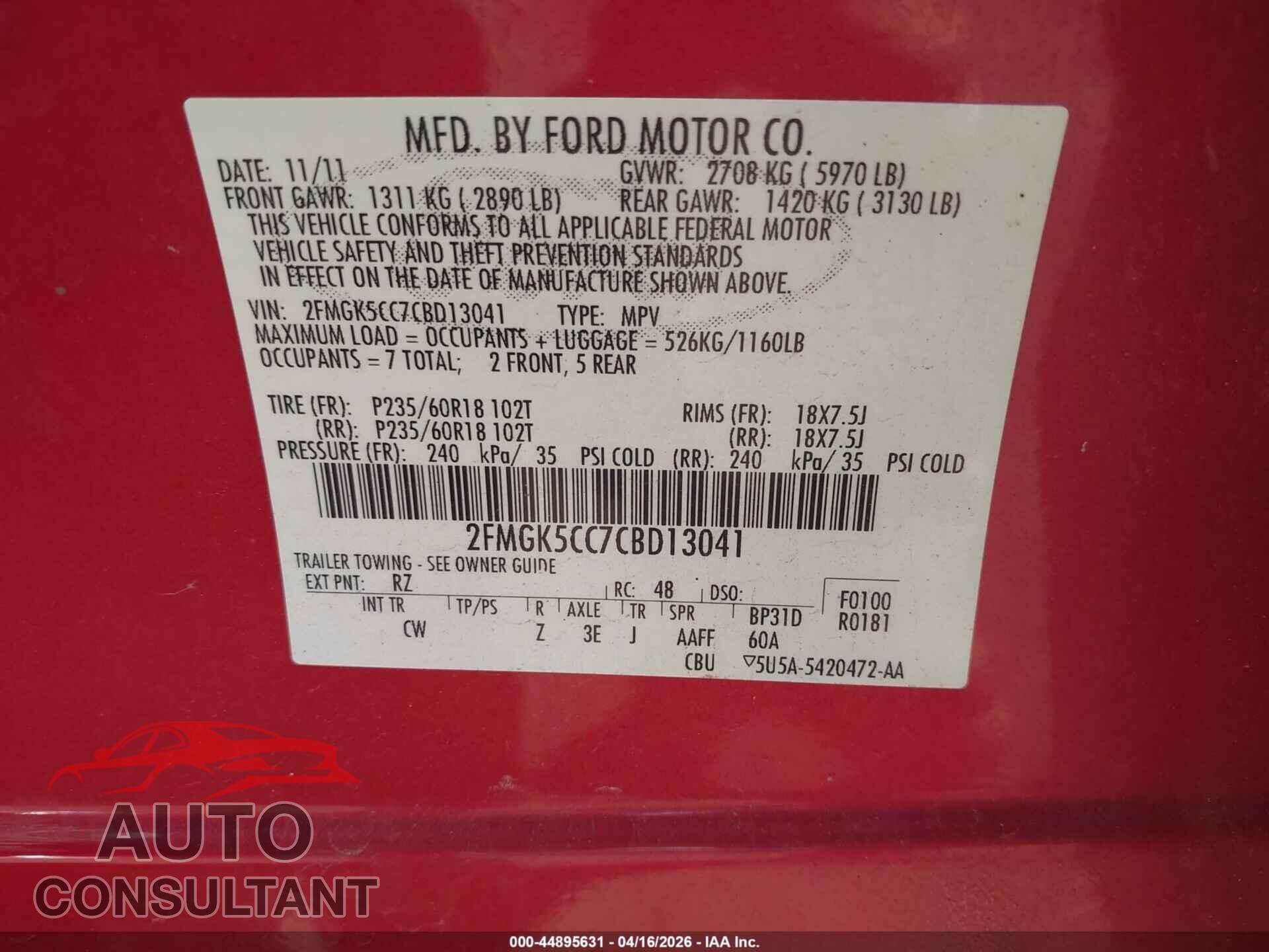 FORD FLEX 2012 - 2FMGK5CC7CBD13041