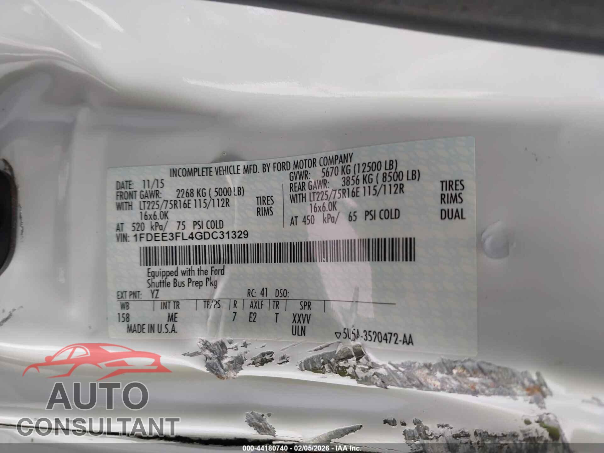 FORD E-350 CUTAWAY 2016 - 1FDEE3FL4GDC31329