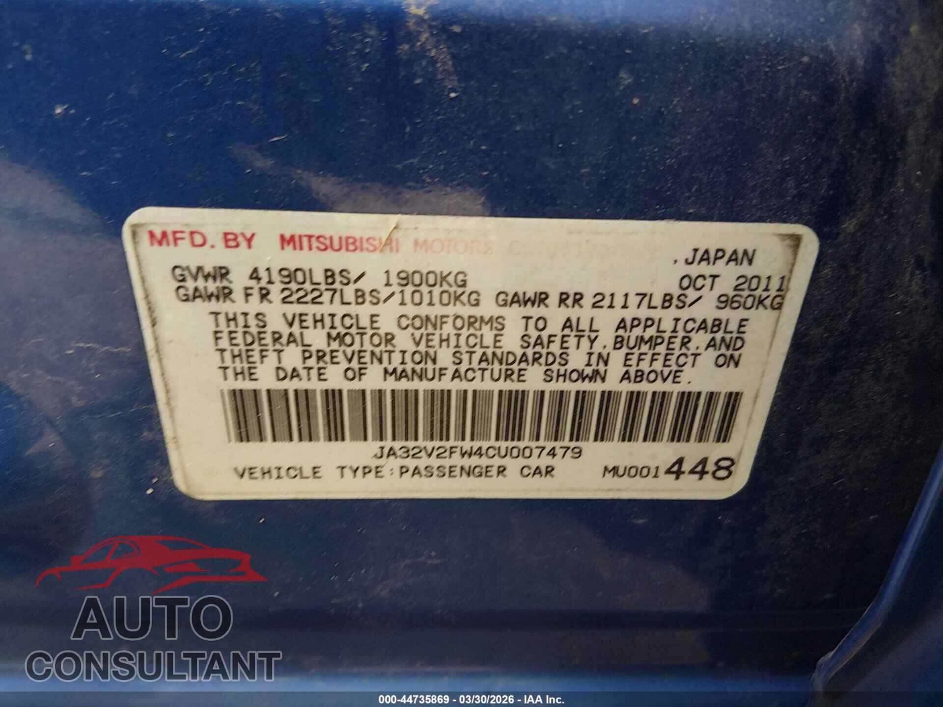 MITSUBISHI LANCER 2012 - JA32V2FW4CU007479
