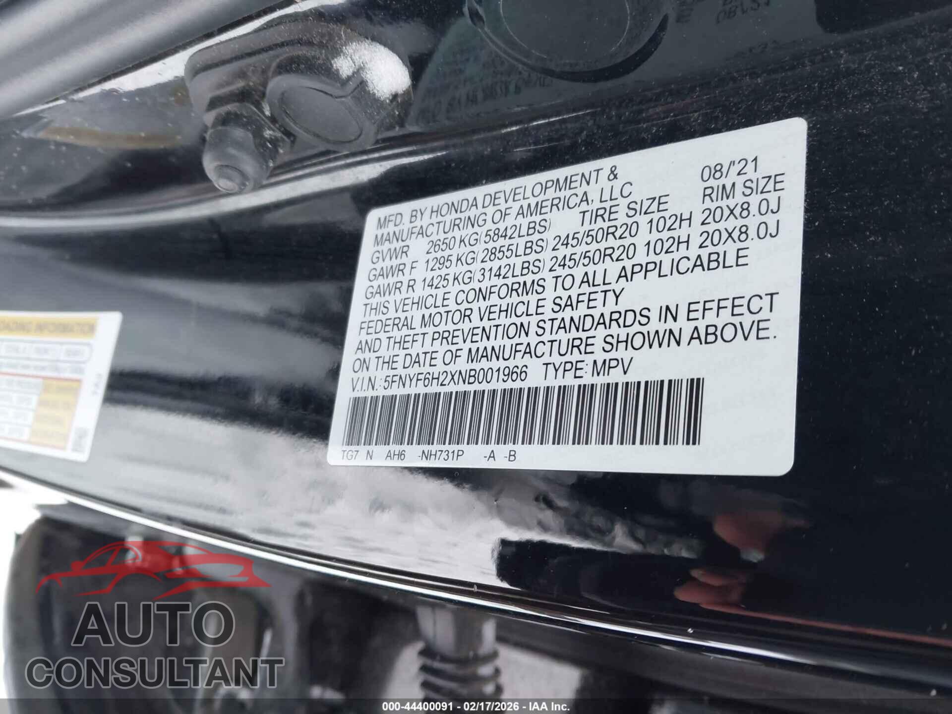 HONDA PILOT 2022 - 5FNYF6H2XNB001966