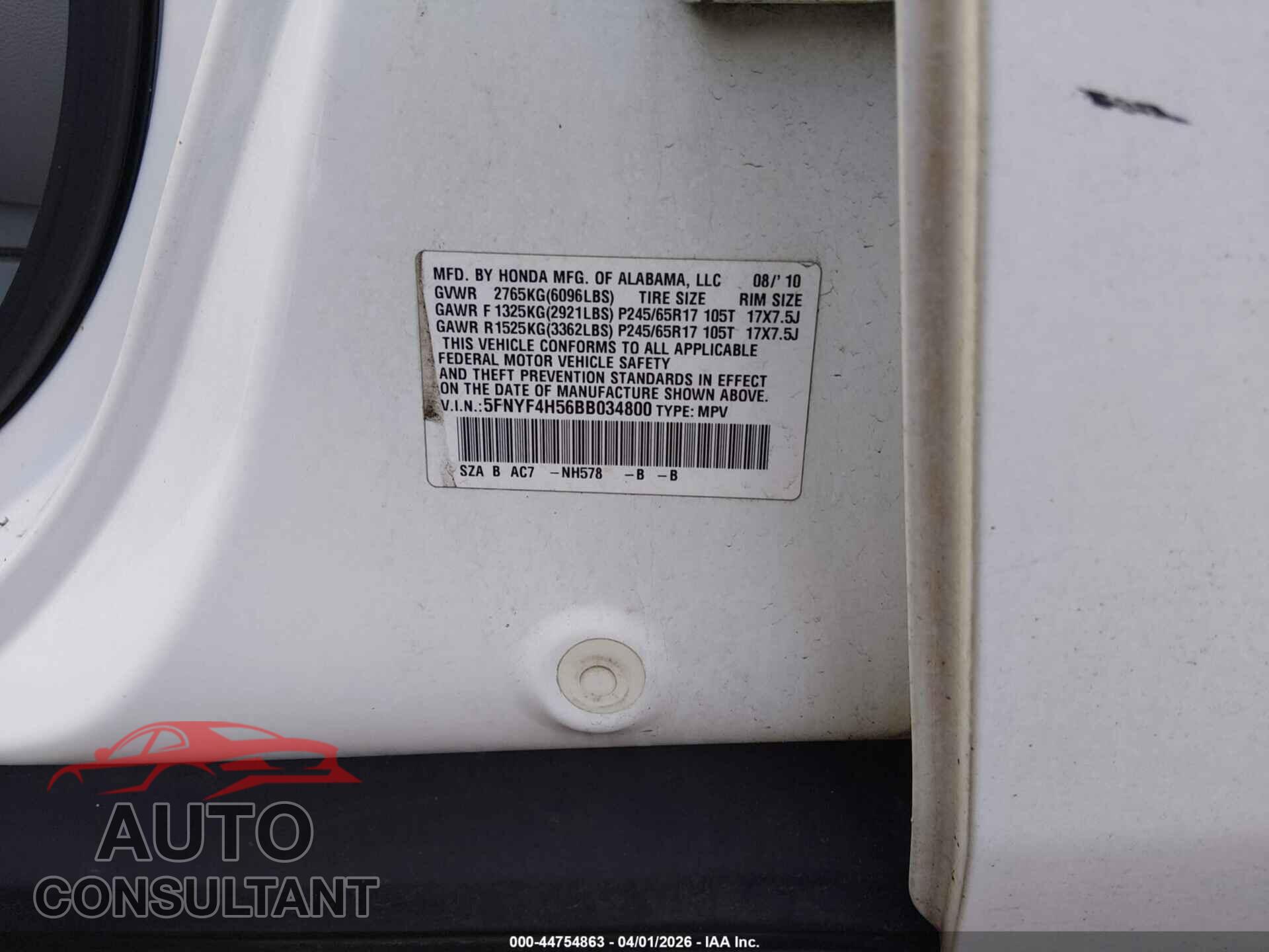 HONDA PILOT 2011 - 5FNYF4H56BB034800