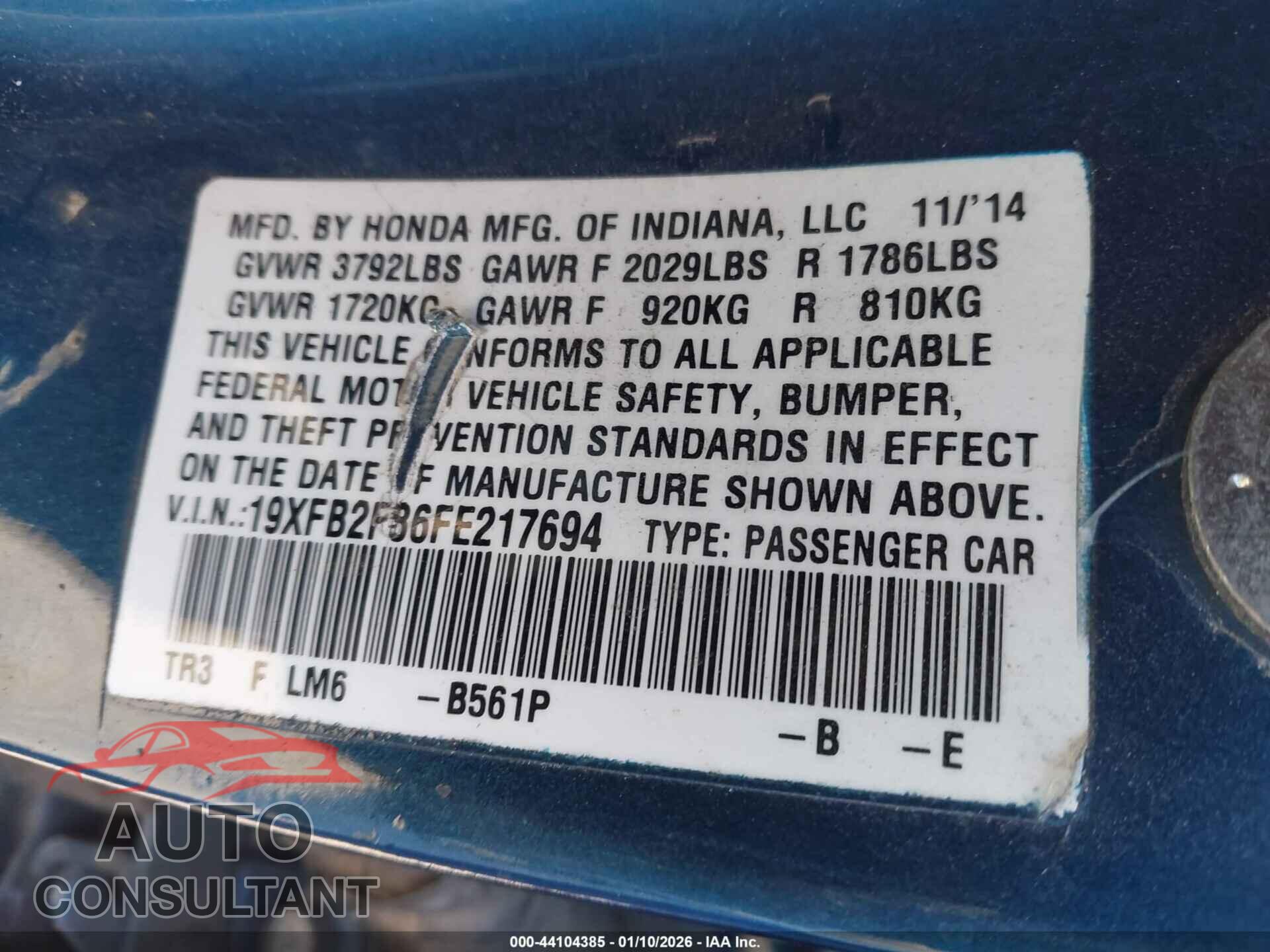 HONDA CIVIC 2015 - 19XFB2F86FE217694