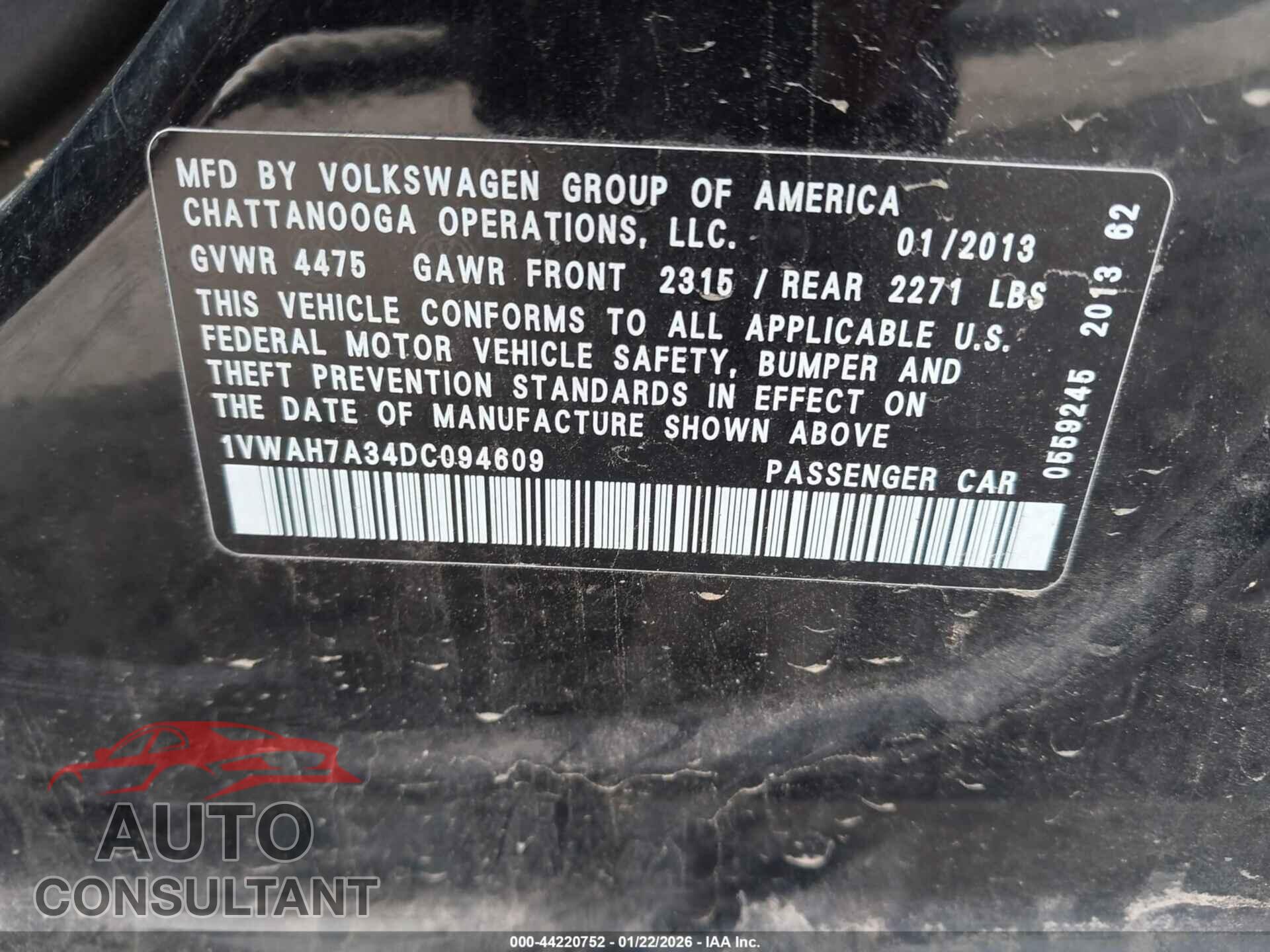VOLKSWAGEN PASSAT 2013 - 1VWAH7A34DC094609