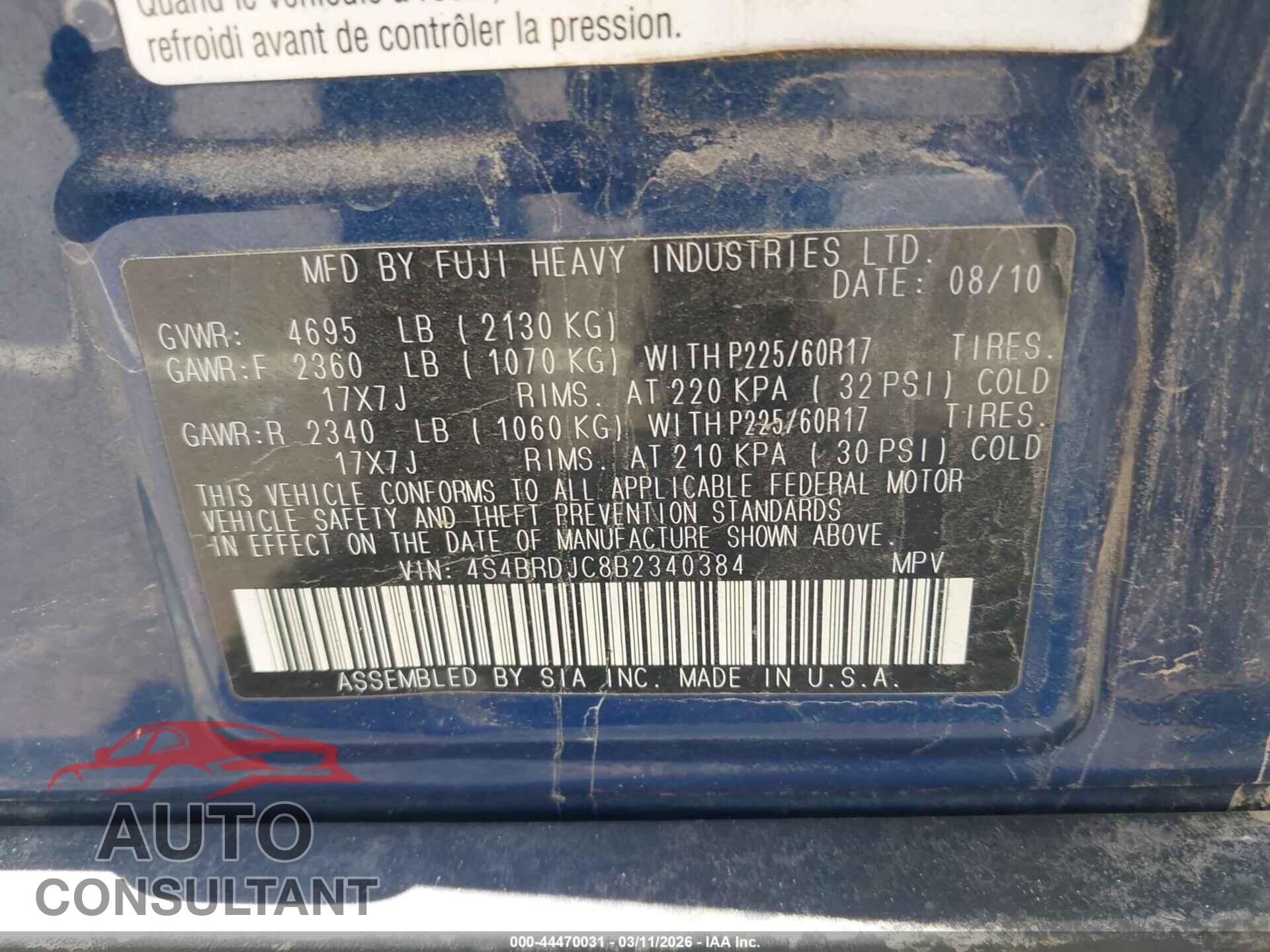 SUBARU OUTBACK 2011 - 4S4BRDJC8B2340384