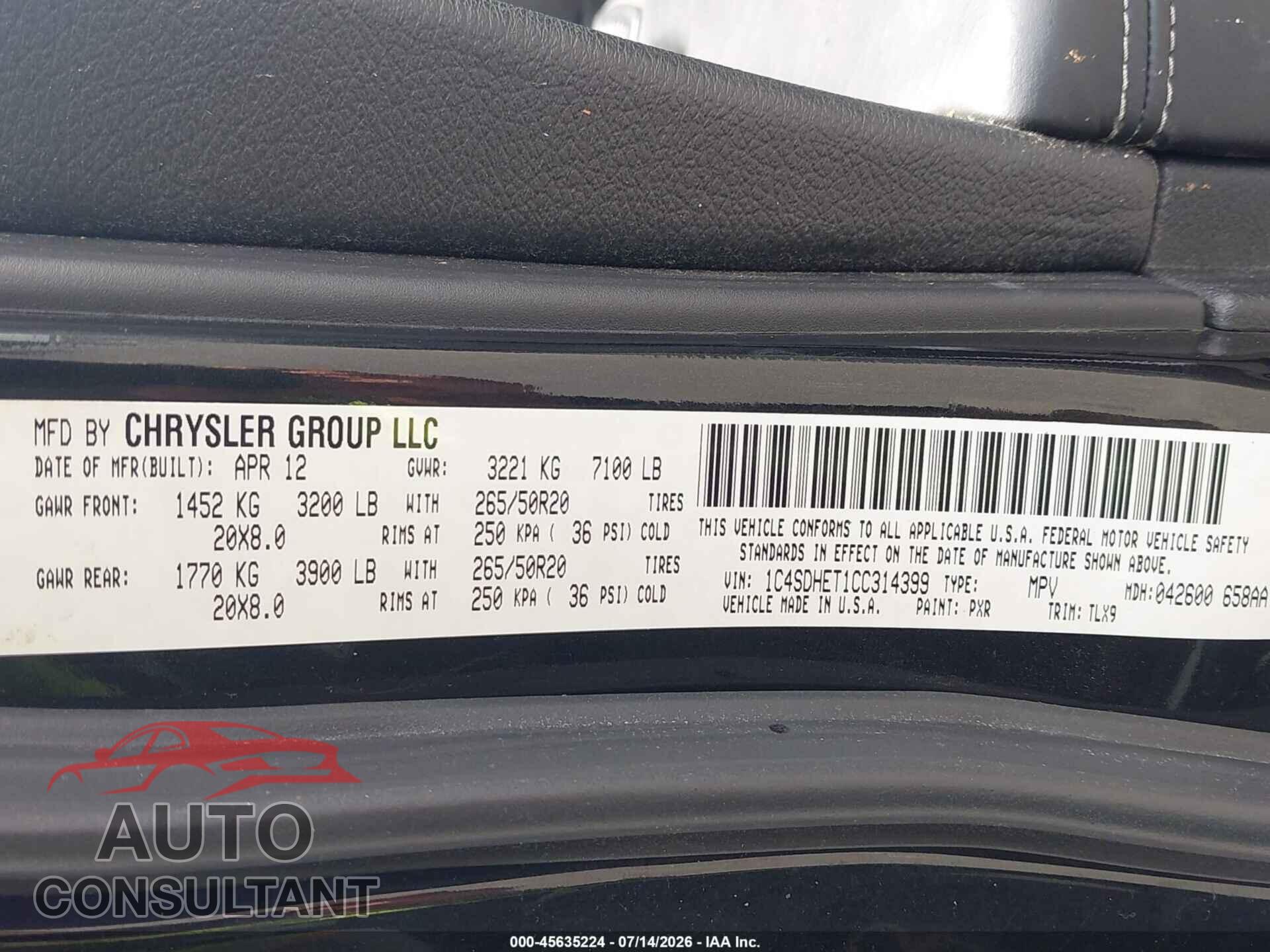 DODGE DURANGO 2012 - 1C4SDHET1CC314399