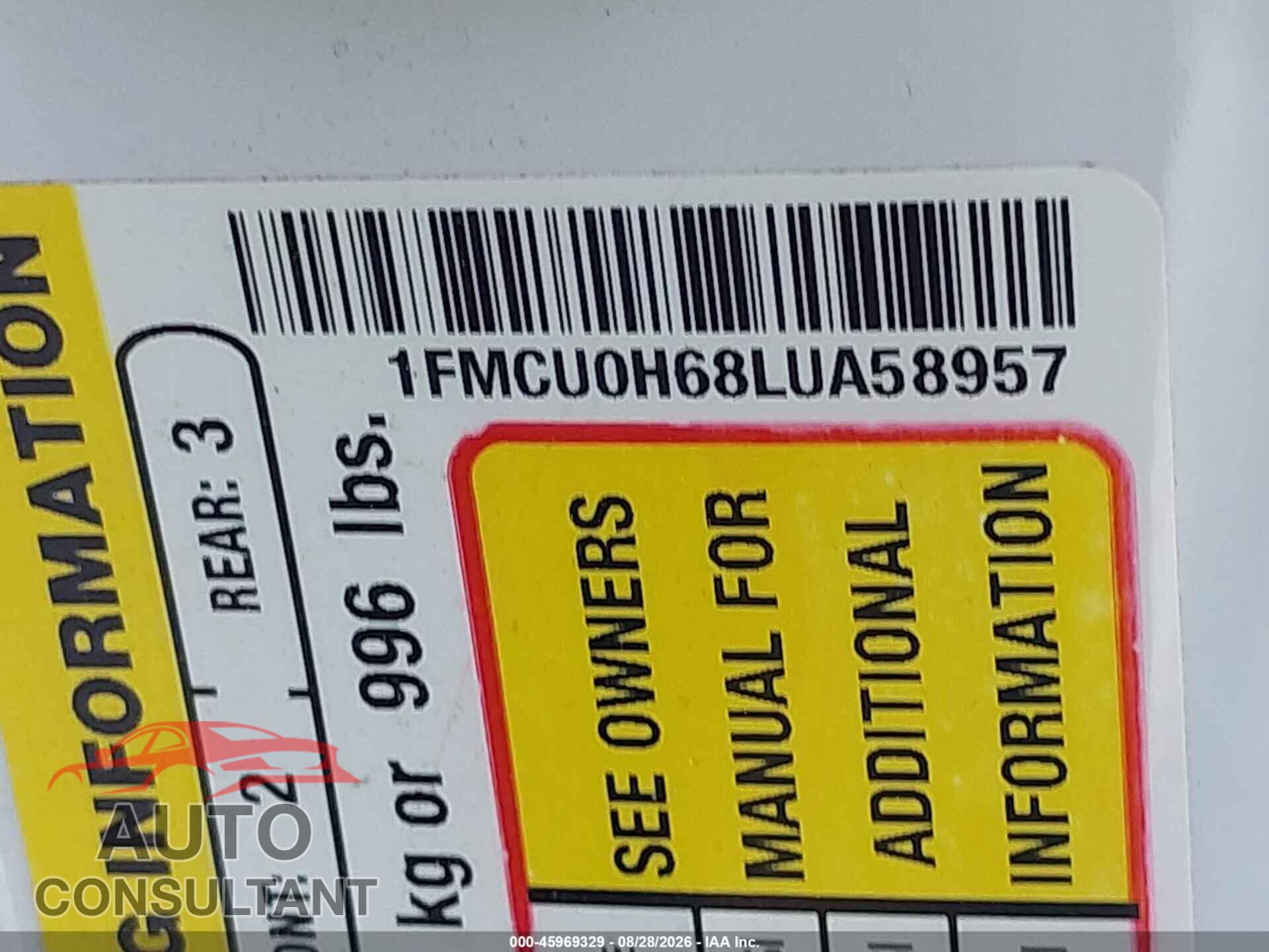 FORD ESCAPE 2020 - 1FMCU0H68LUA58957