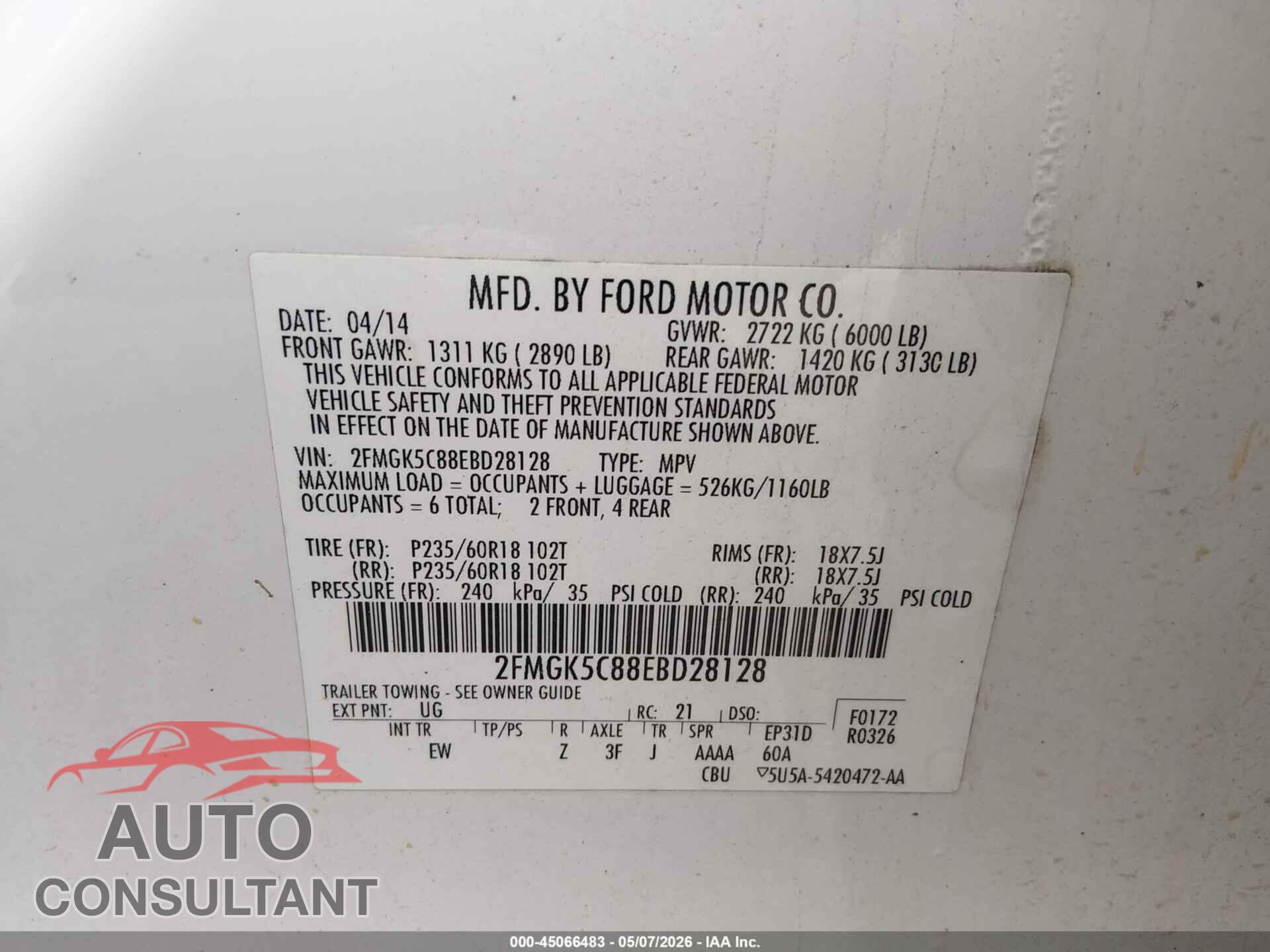 FORD FLEX 2014 - 2FMGK5C88EBD28128