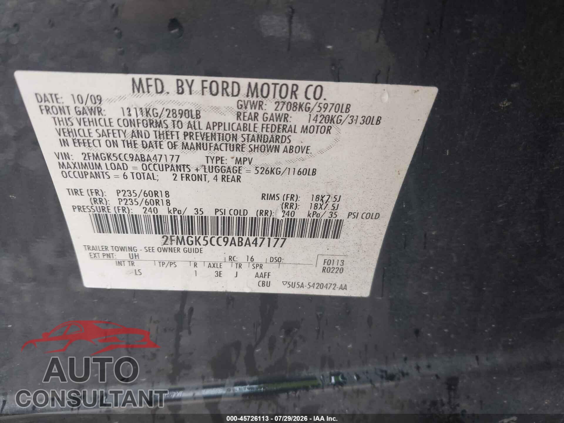 FORD FLEX 2010 - 2FMGK5CC9ABA47177