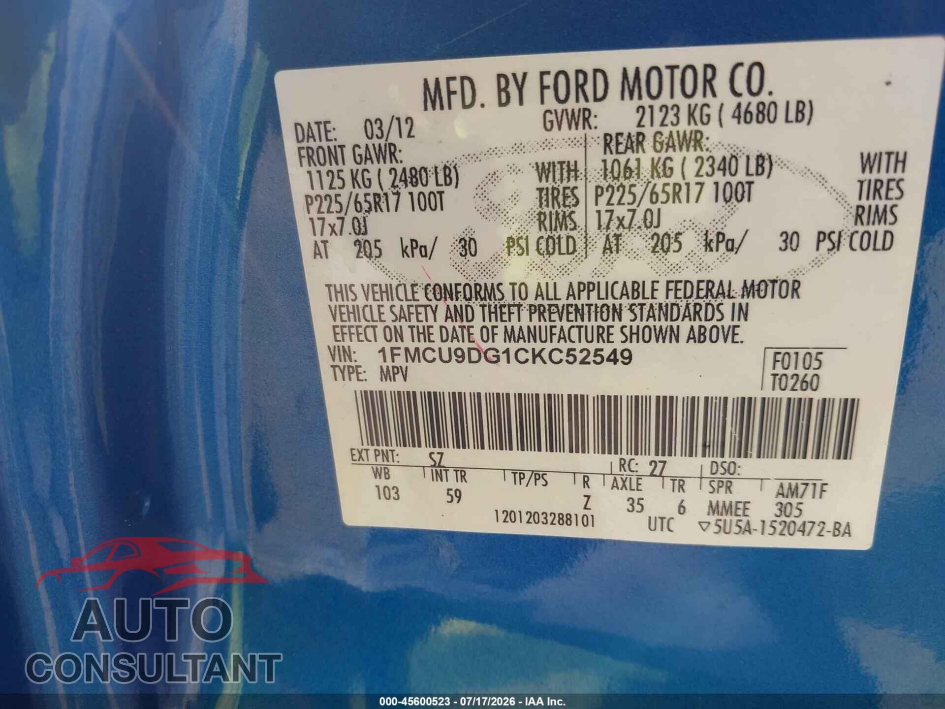 FORD ESCAPE 2012 - 1FMCU9DG1CKC52549