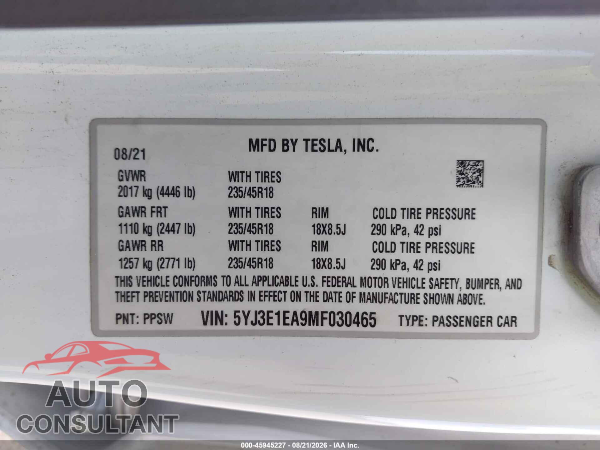 TESLA MODEL 3 2021 - 5YJ3E1EA9MF030465