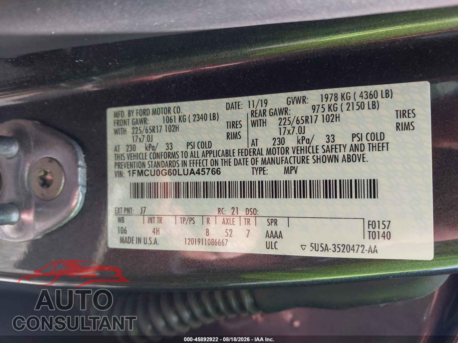 FORD ESCAPE 2020 - 1FMCU0G60LUA45766