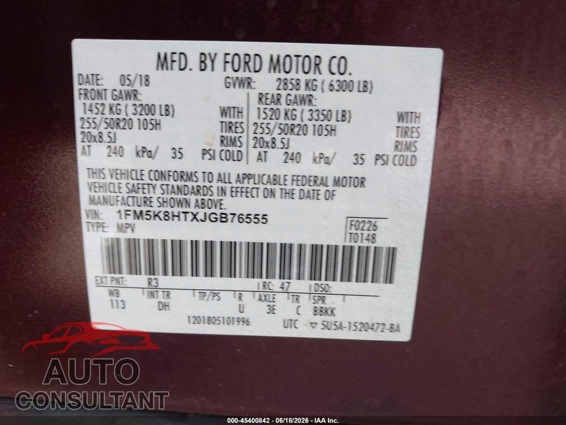FORD EXPLORER 2018 - 1FM5K8HTXJGB76555