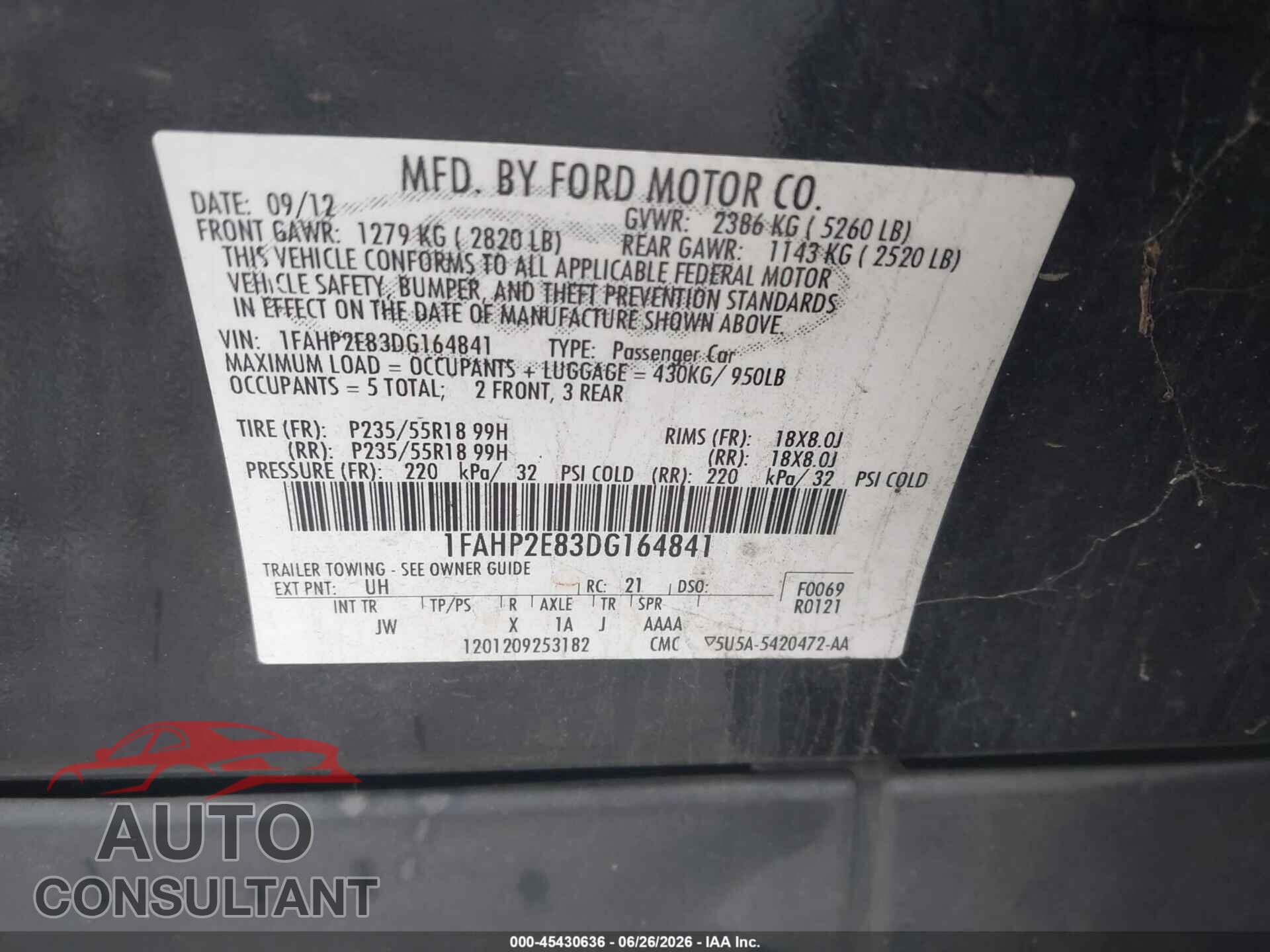 FORD TAURUS 2013 - 1FAHP2E83DG164841