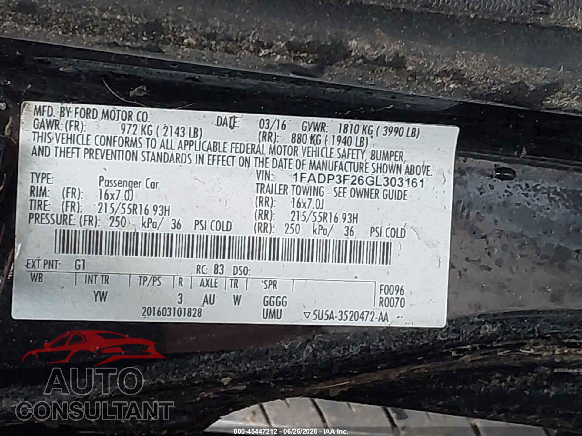 FORD FOCUS 2016 - 1FADP3F26GL303161