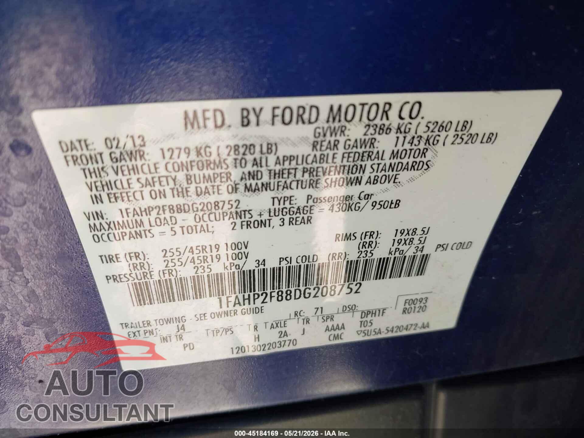 FORD TAURUS 2013 - 1FAHP2F88D6208752