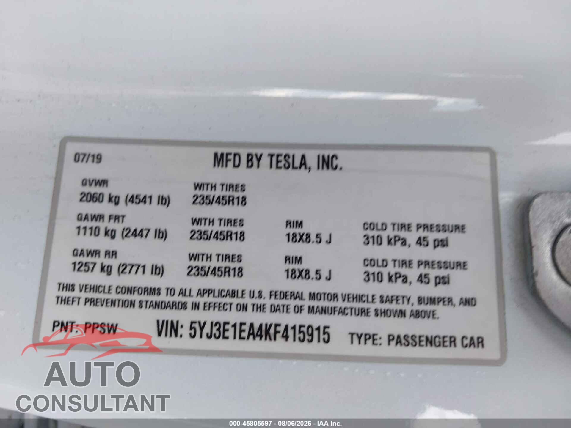 TESLA MODEL 3 2019 - 5YJ3E1EA4KF415915