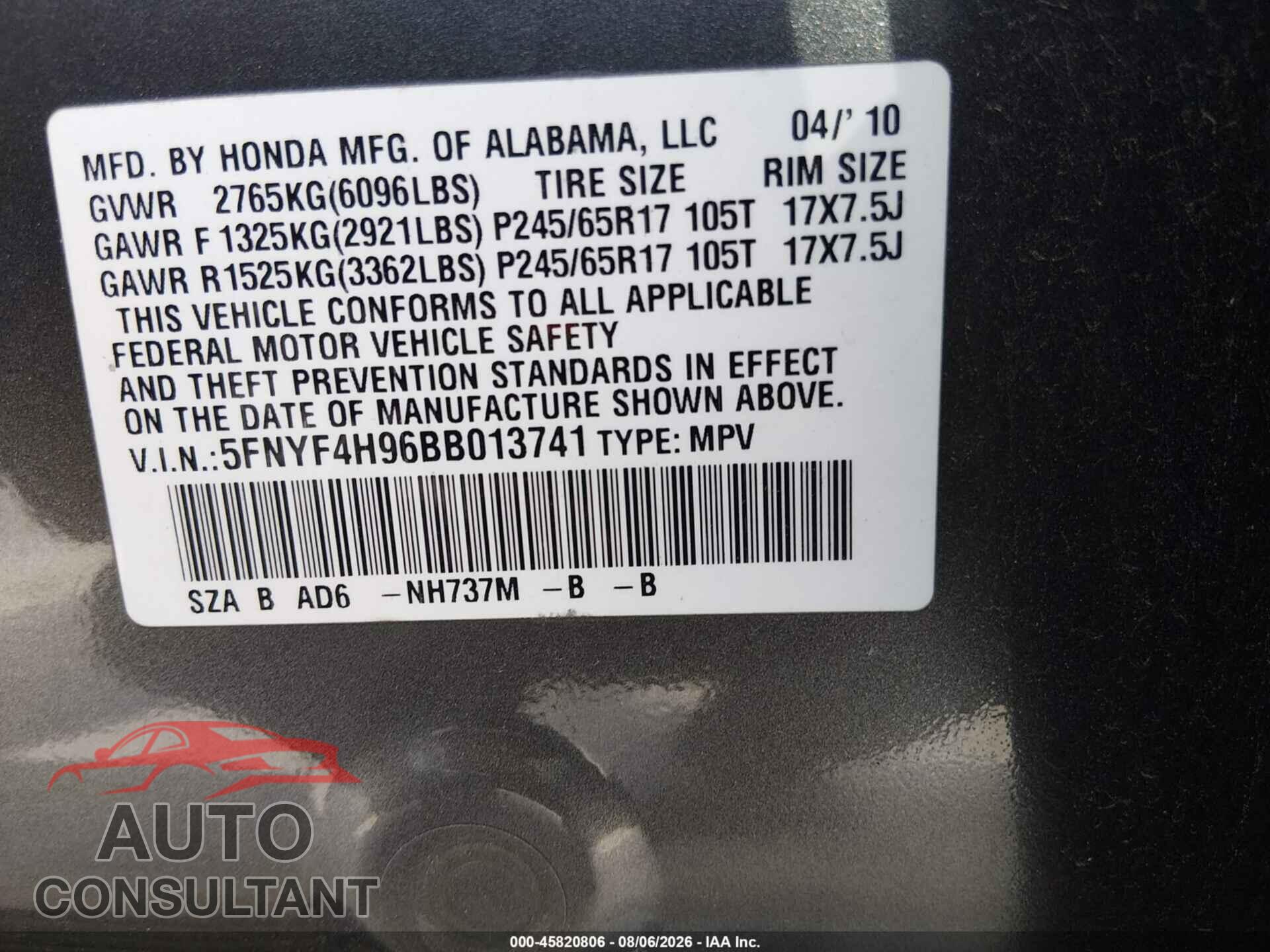 HONDA PILOT 2011 - 5FNYF4H96BB013741