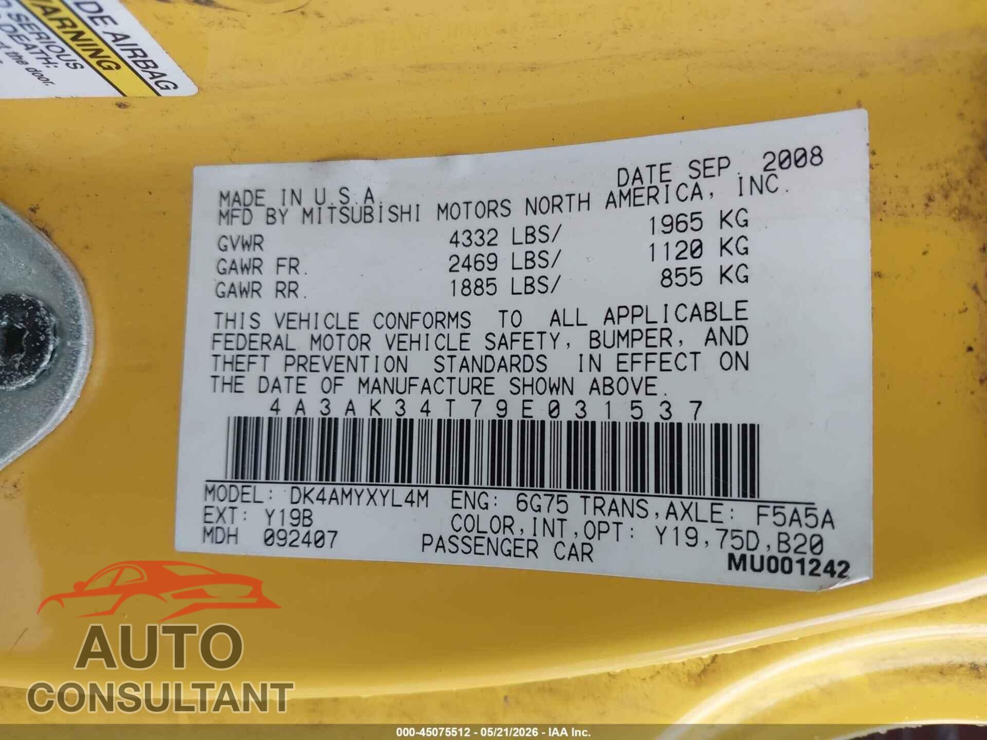 MITSUBISHI ECLIPSE 2009 - 4A3AK34T79E031537