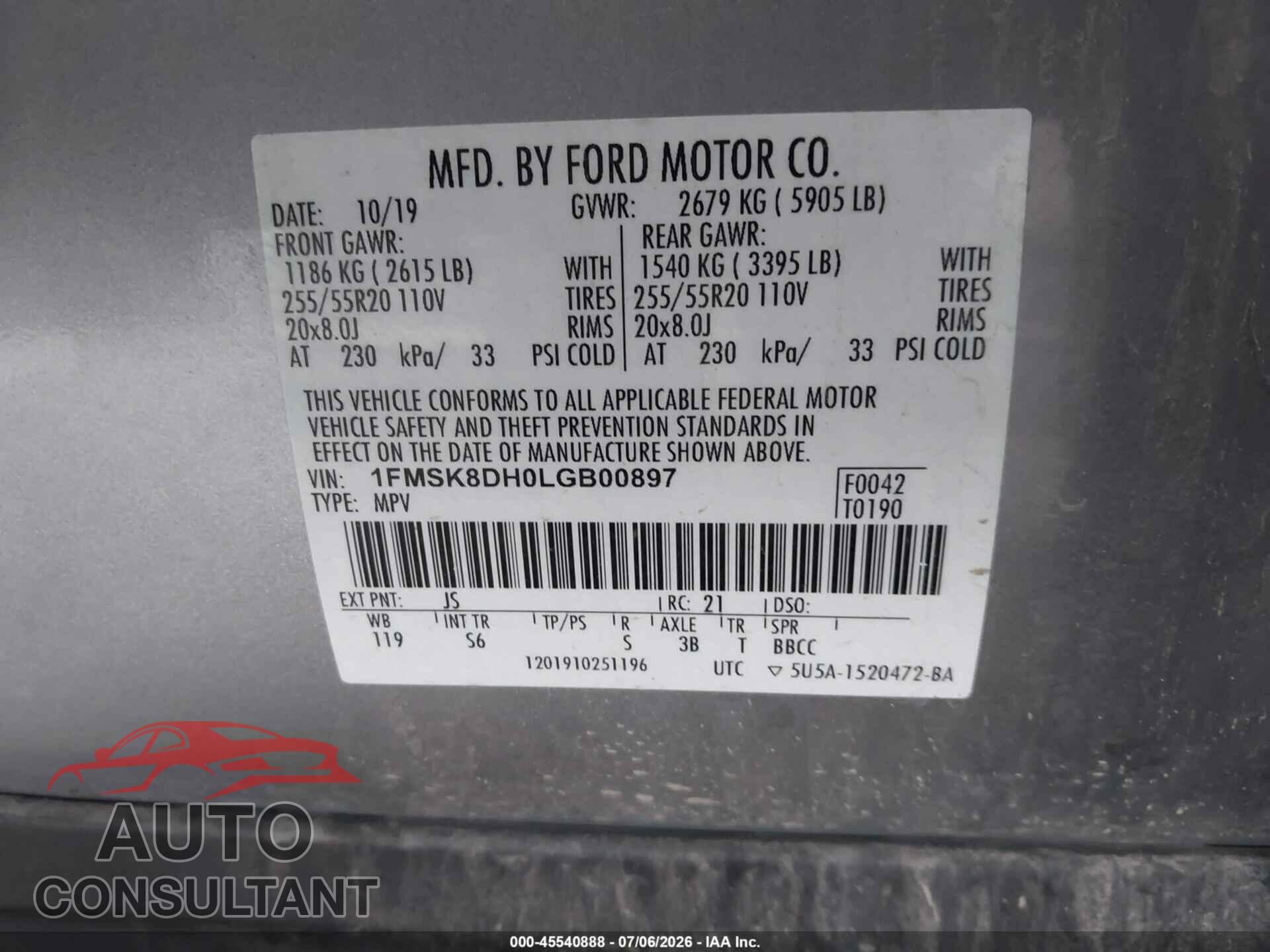 FORD EXPLORER 2020 - 1FMSK8DH0LGB00897